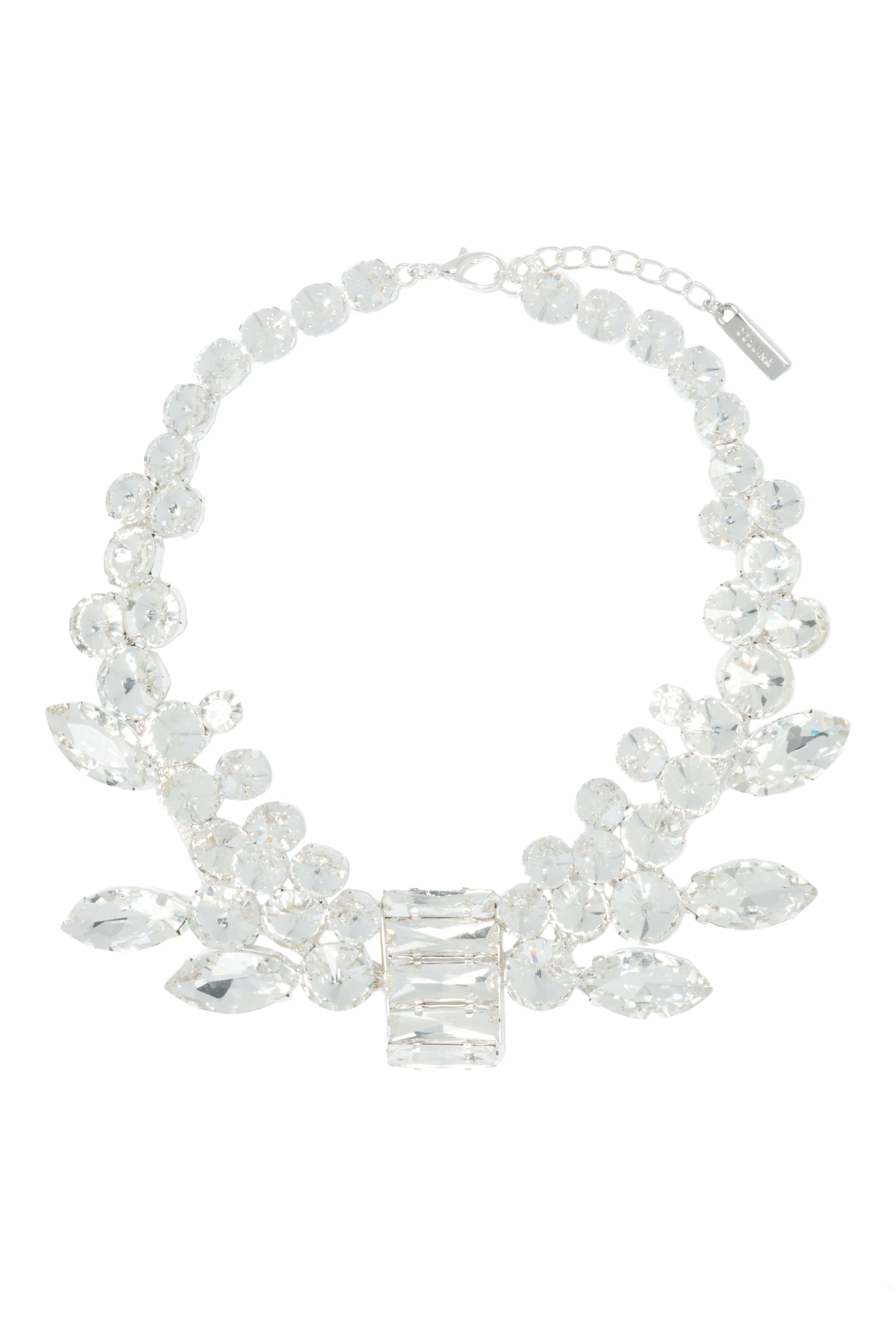 Silver necklace with clear stones on a white background