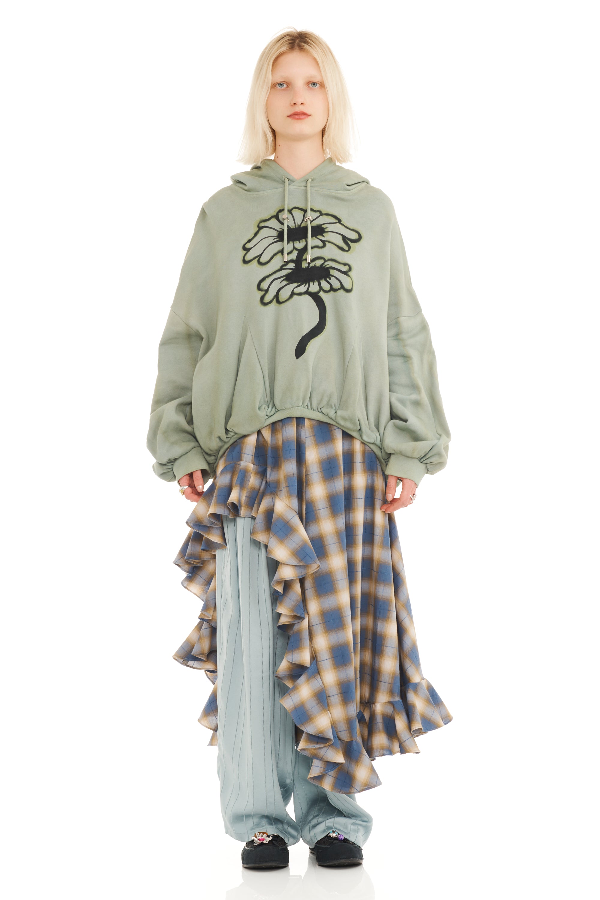 Olive Twin Flowers Gathered Hoodie | COLLINA STRADA