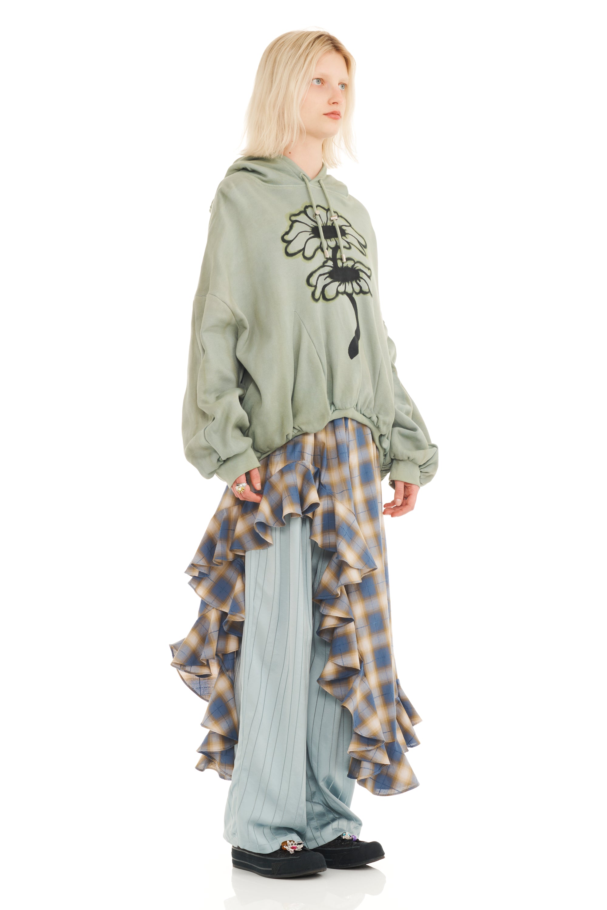 OLIVE TWIN FLOWERS GATHERED HOODIE