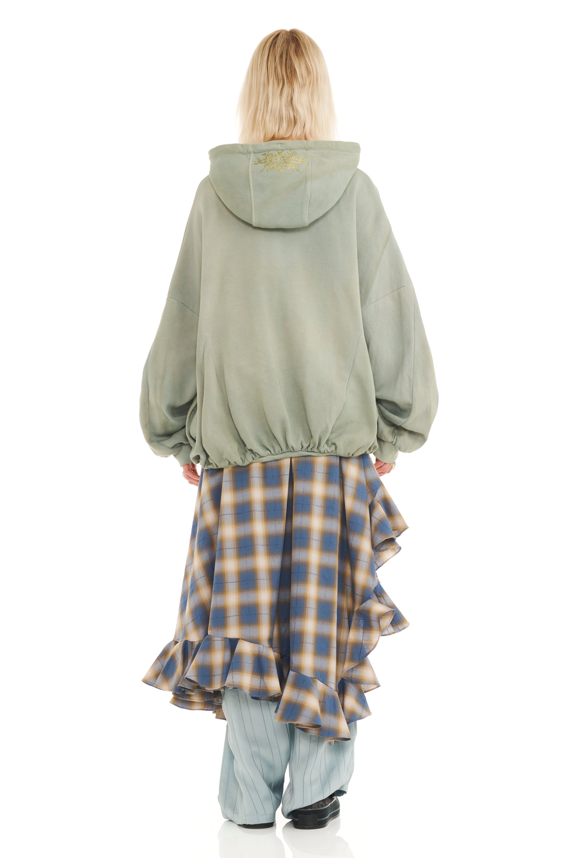 OLIVE TWIN FLOWERS GATHERED HOODIE