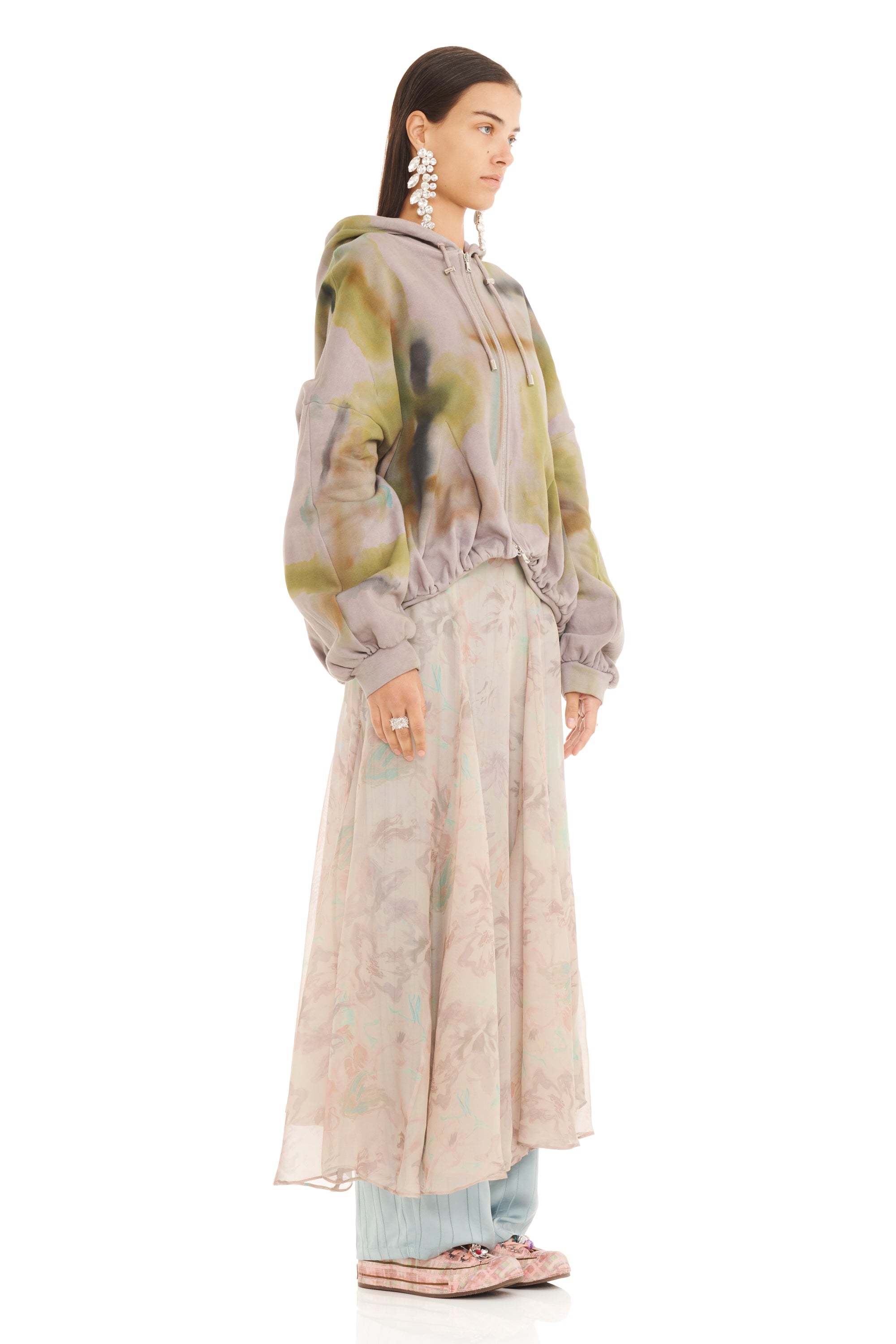 PAINTED FOG GATHERED ZIP UP HOODIE