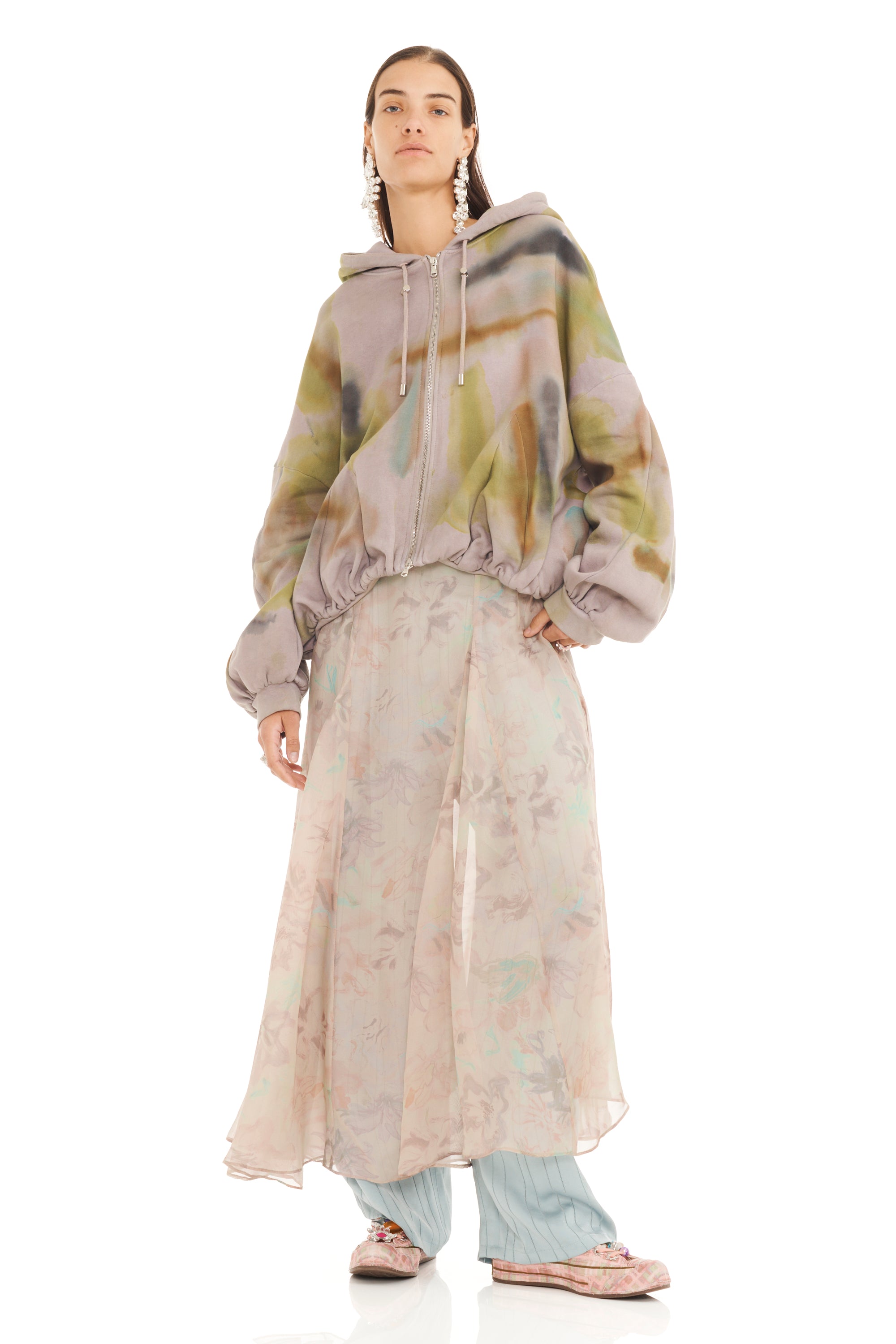 PAINTED FOG GATHERED ZIP UP HOODIE