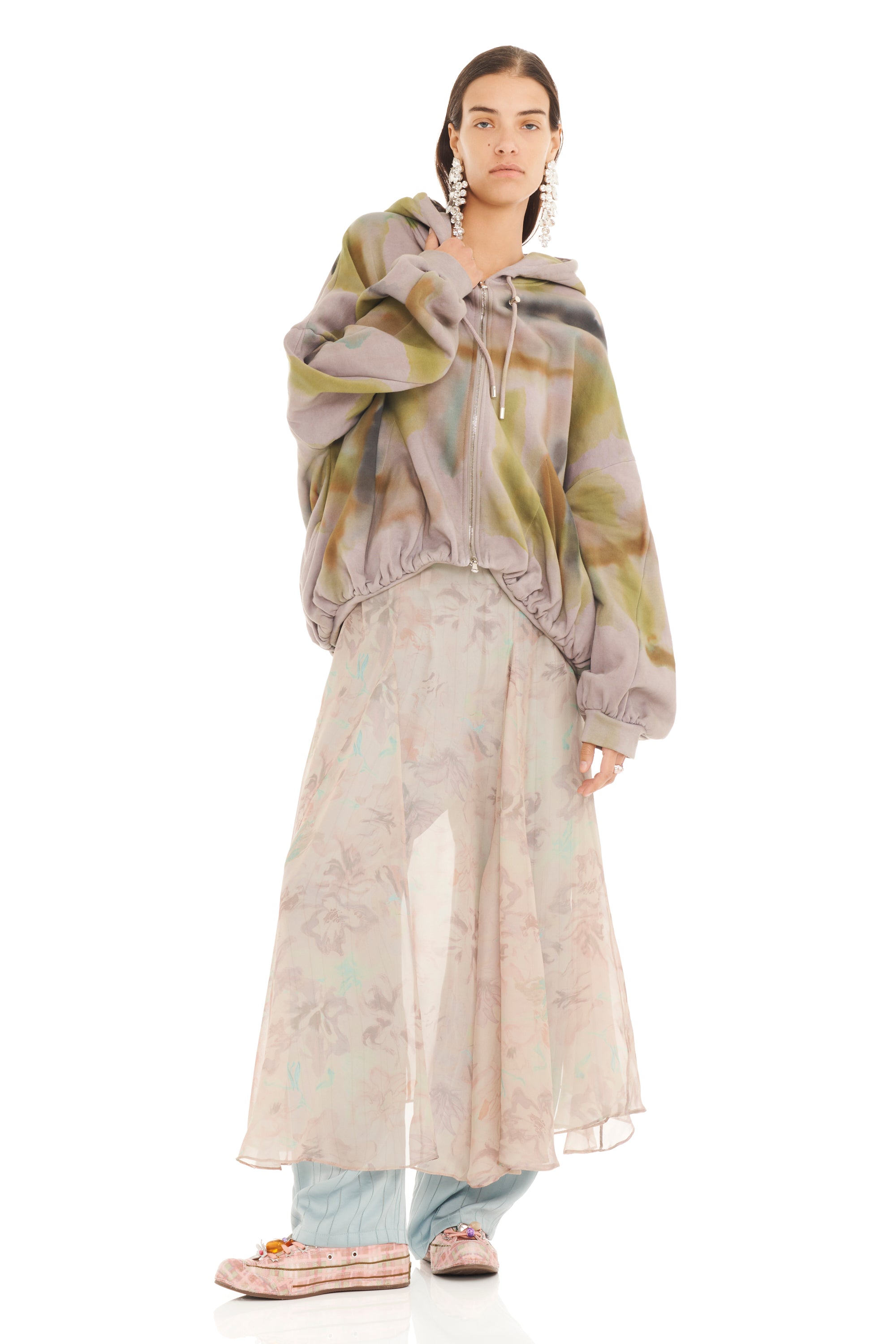PAINTED FOG GATHERED ZIP UP HOODIE
