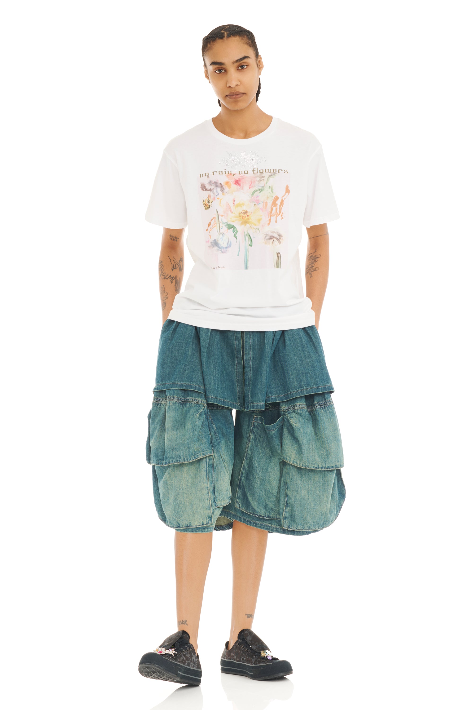 WHITE NO RAIN, NO FLOWERS RHINESTONE GRAPHIC TEE