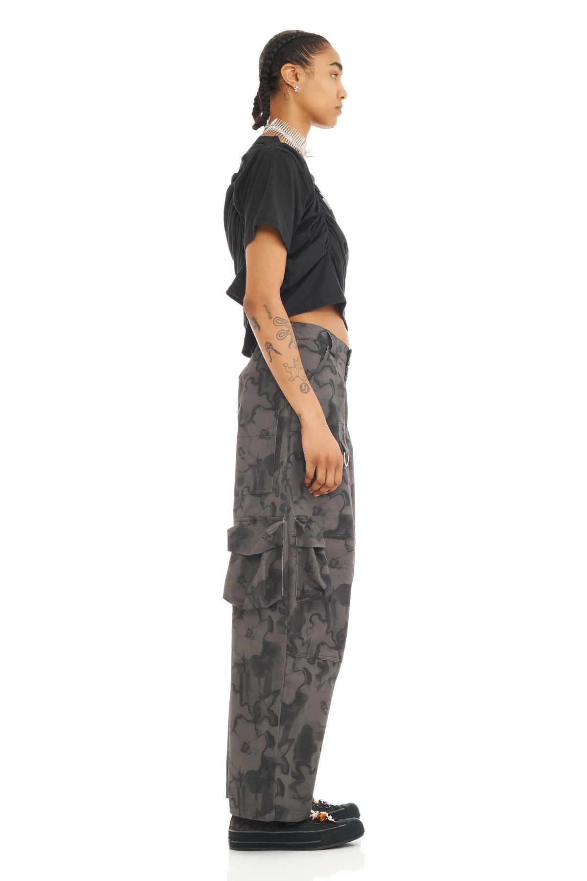 BLACK WATERCOLOR FLORAL LAWN CARGO PANT