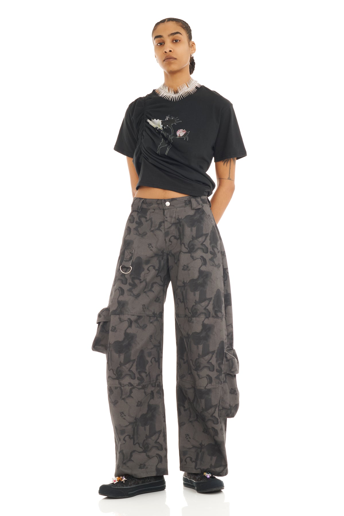 BLACK WATERCOLOR FLORAL LAWN CARGO PANT