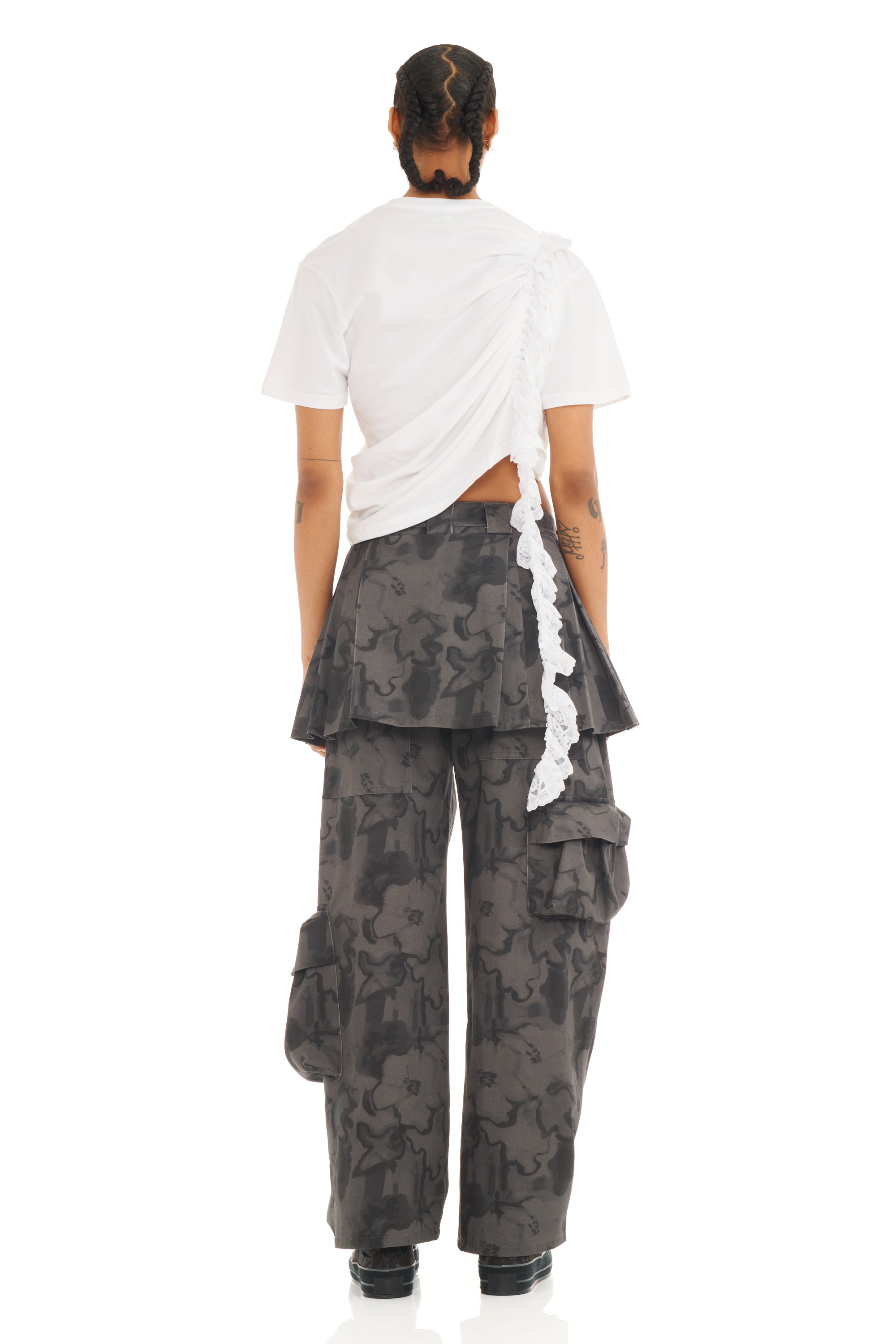 BLACK FLORAL SCRIBBLE LAWN SKIRT CARGO PANT