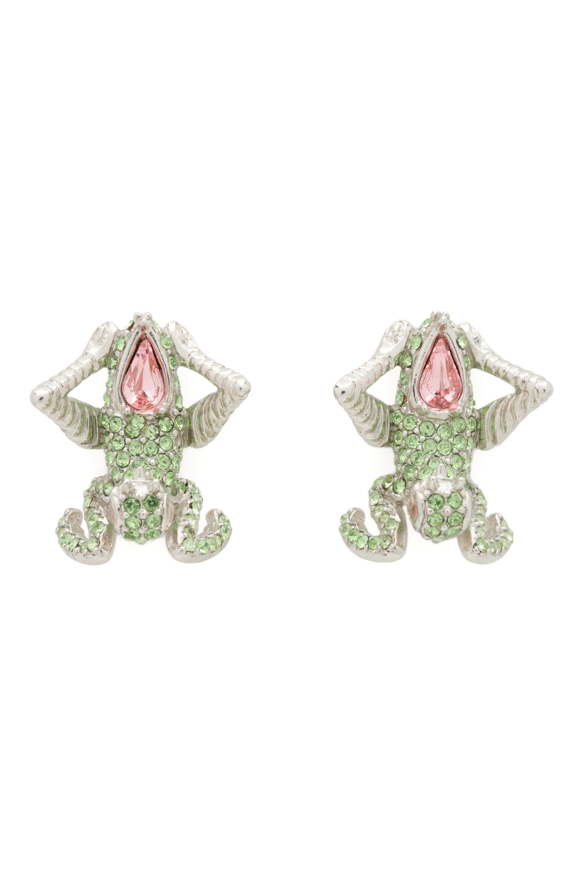 Pair of praying mantis-shaped earrings with green and pink rhinestones on a white background