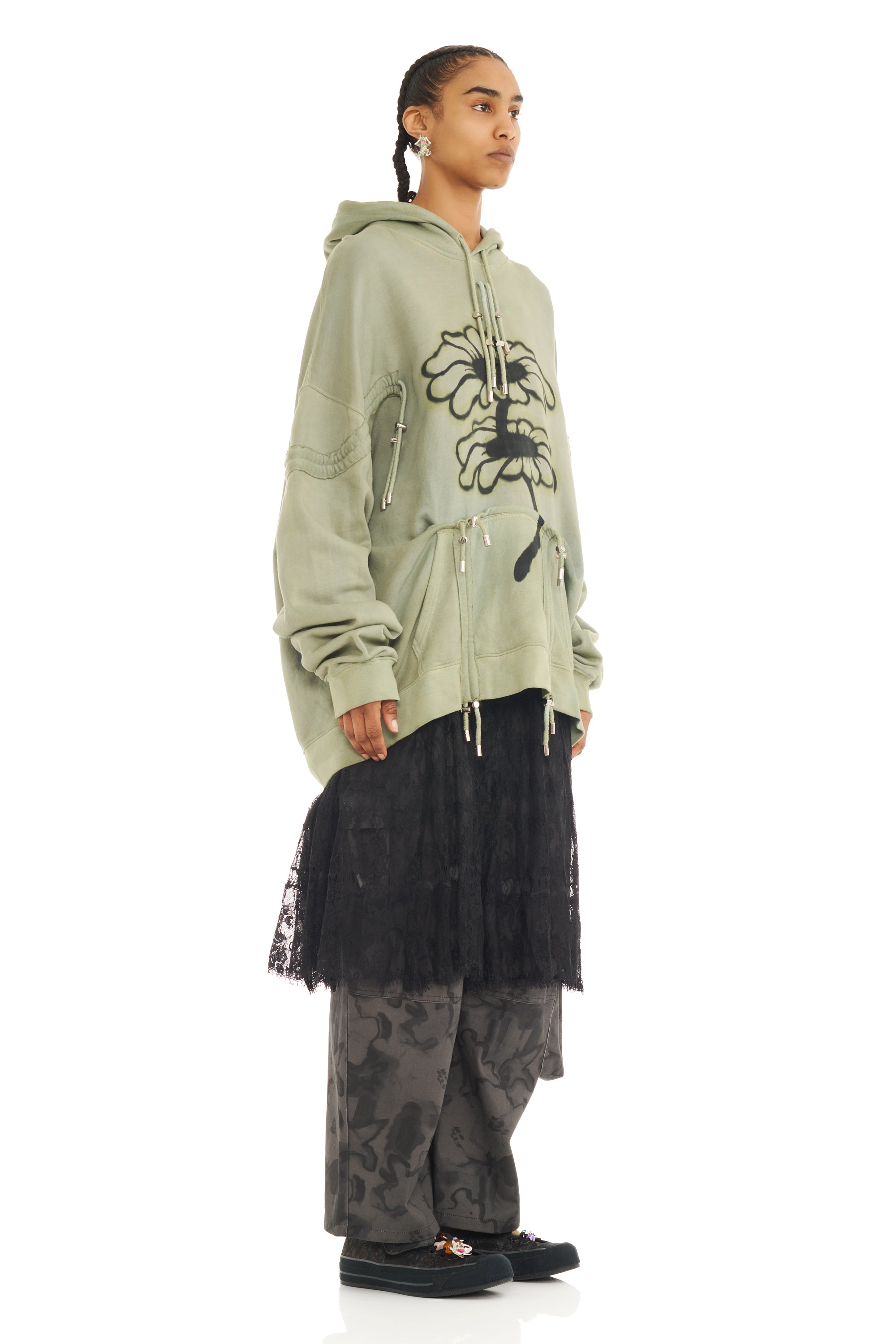 OLIVE TWIN FLOWERS MOHAWK BURST HOODIE