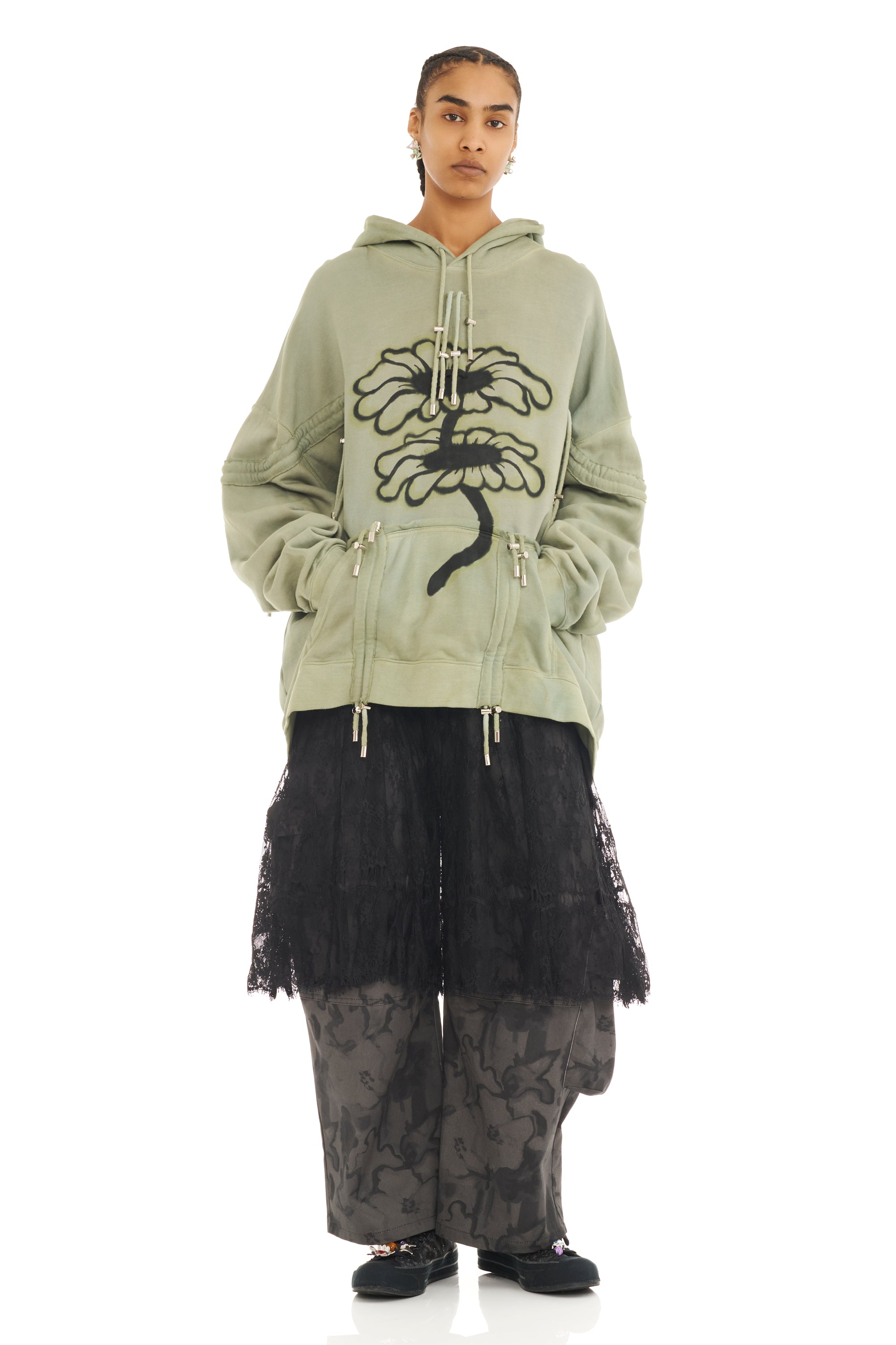 OLIVE TWIN FLOWERS MOHAWK BURST HOODIE