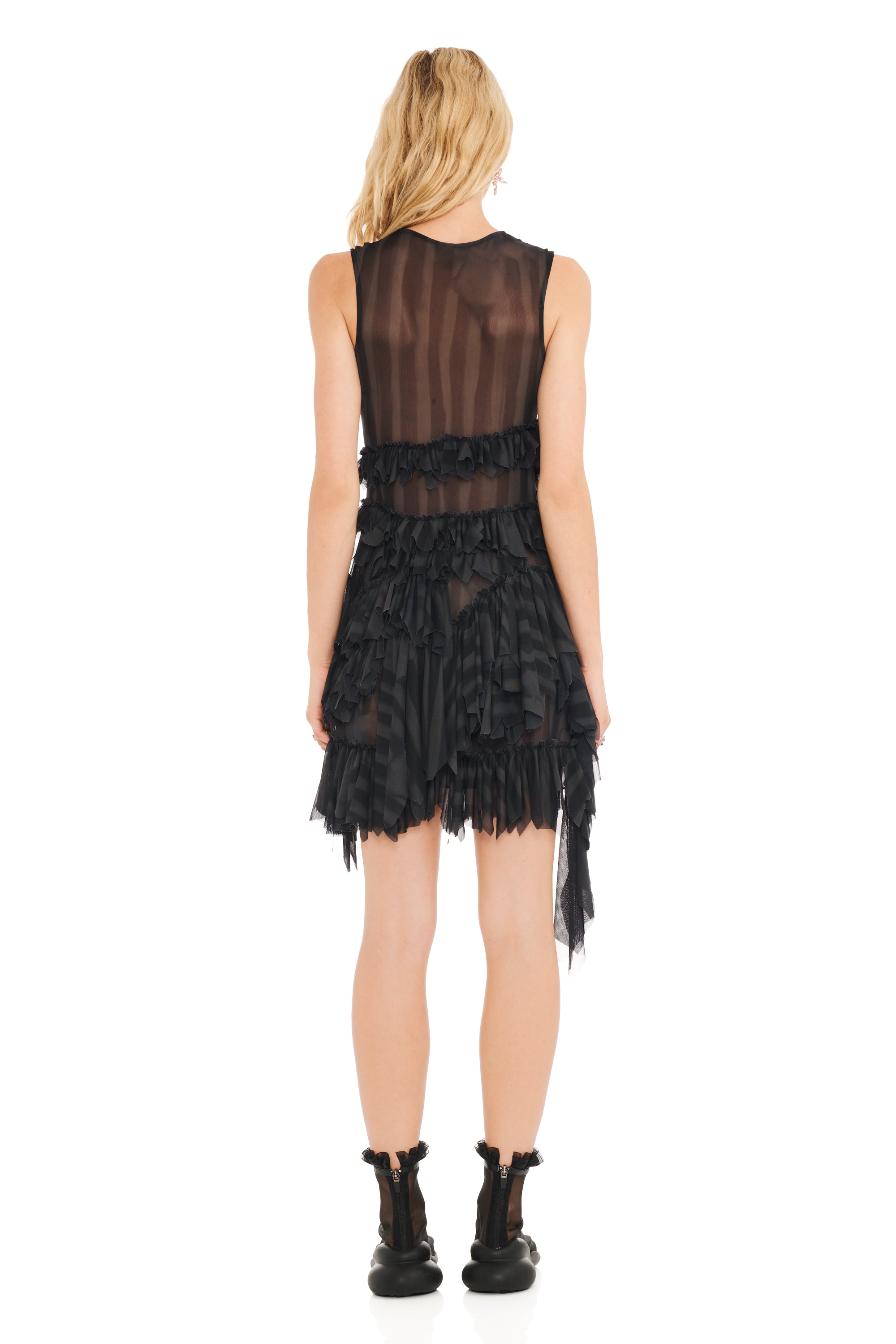 BLACK WAVY FLOWER STRIPE NETTLE DRESS