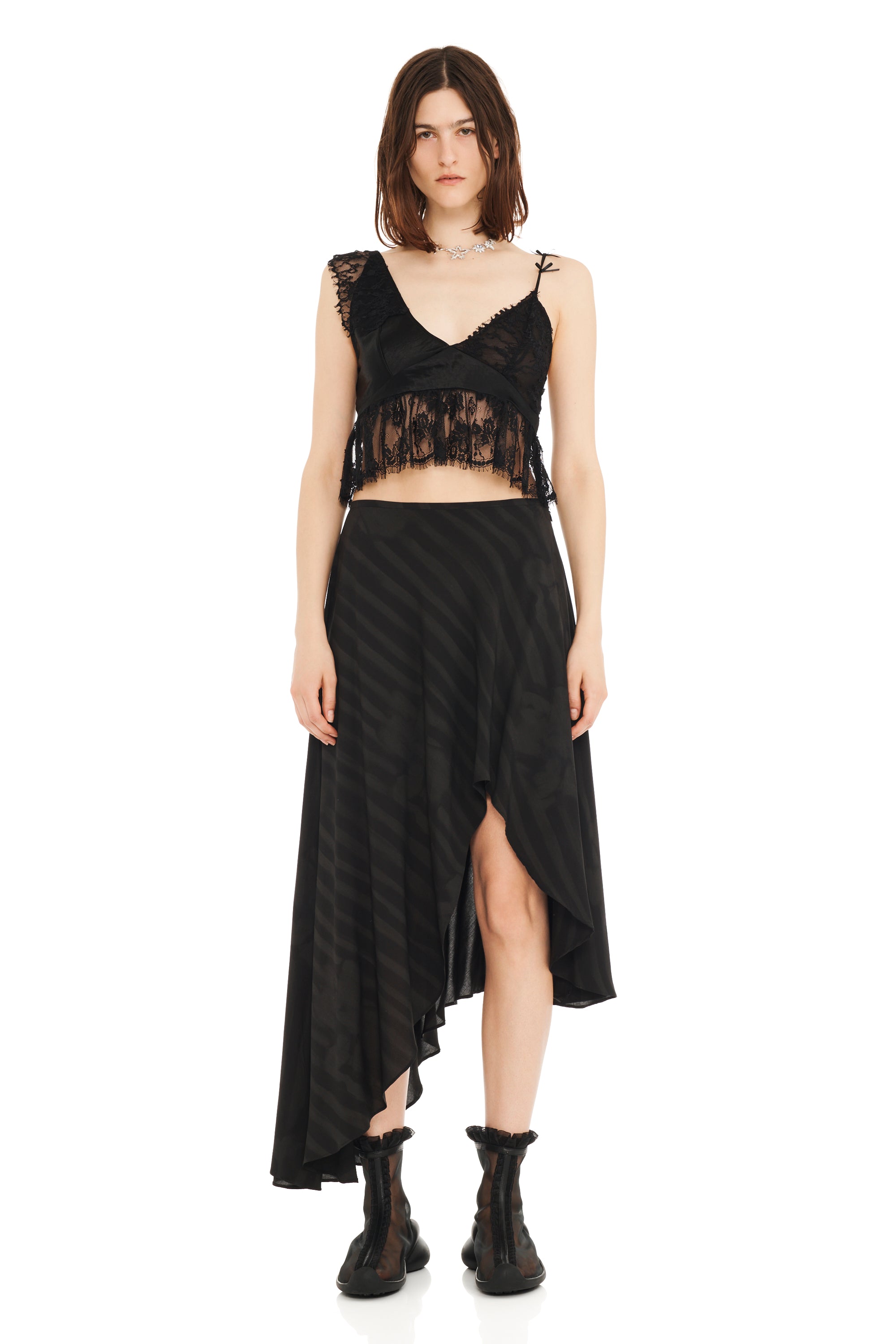 BLACK WAVY FLOWER STRIPE TULIP SKIRT | COLLINA STRADA