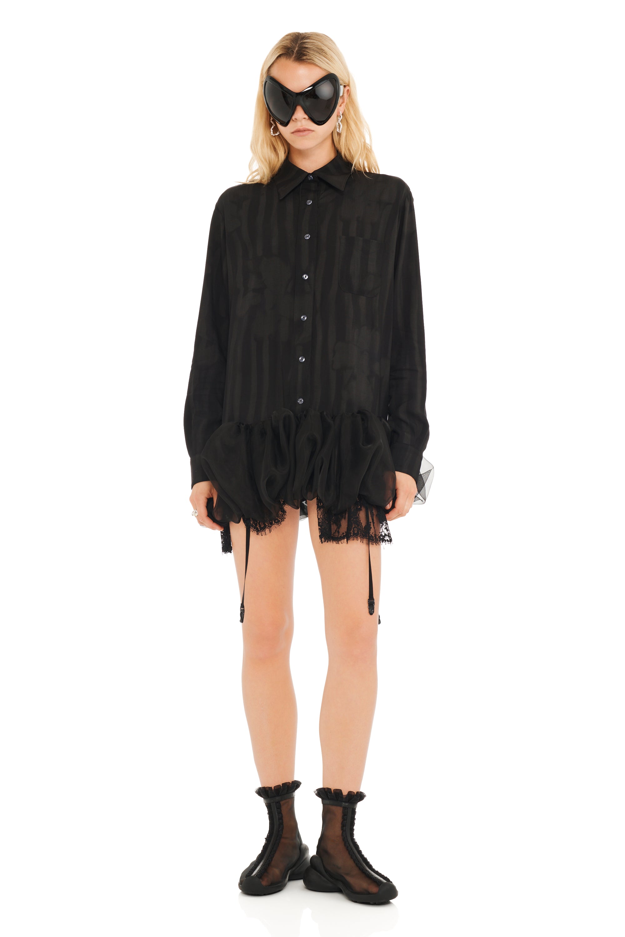 BLACK WAVY FLOWER STRIPE VALERIAN DRESS