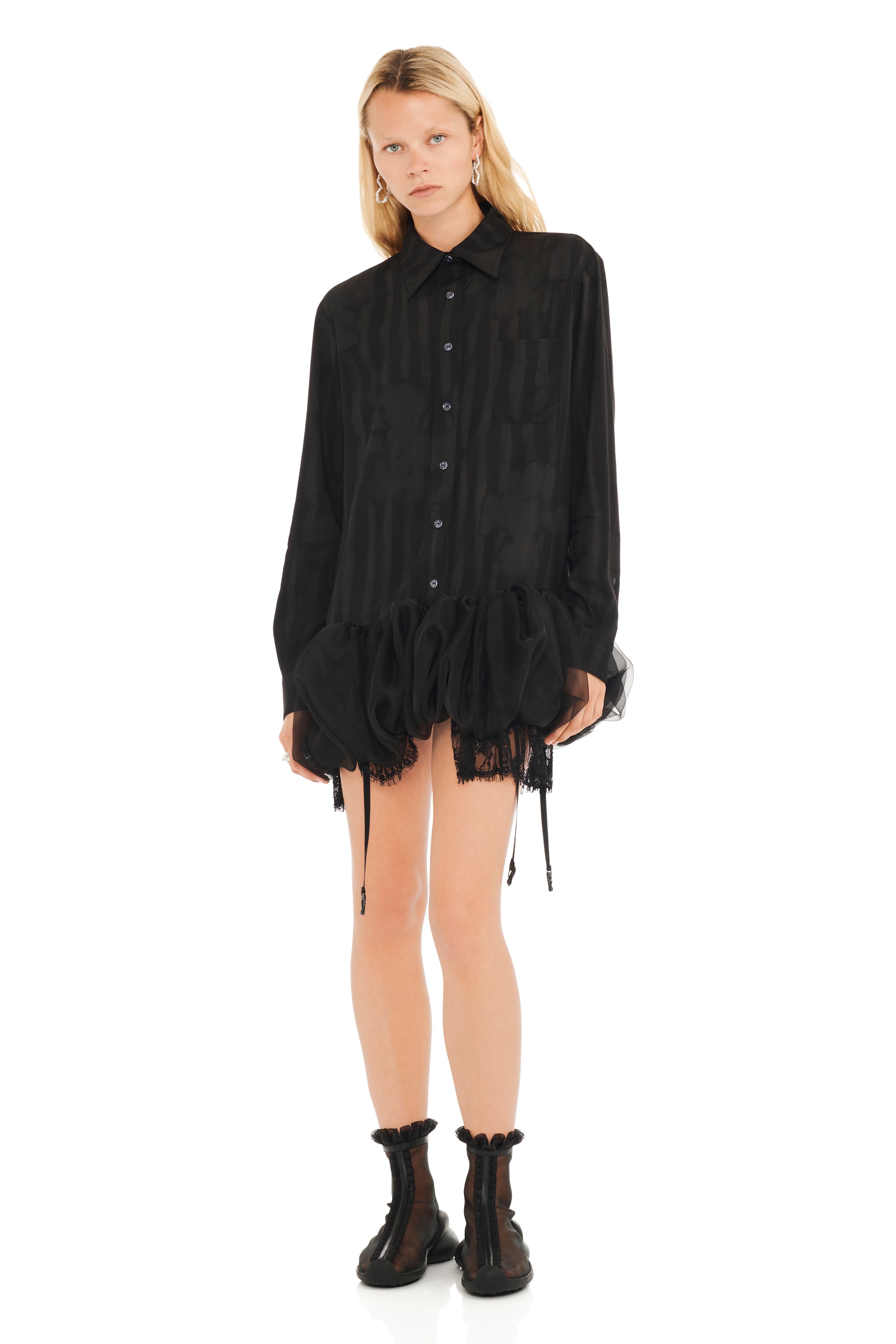 BLACK WAVY FLOWER STRIPE VALERIAN DRESS