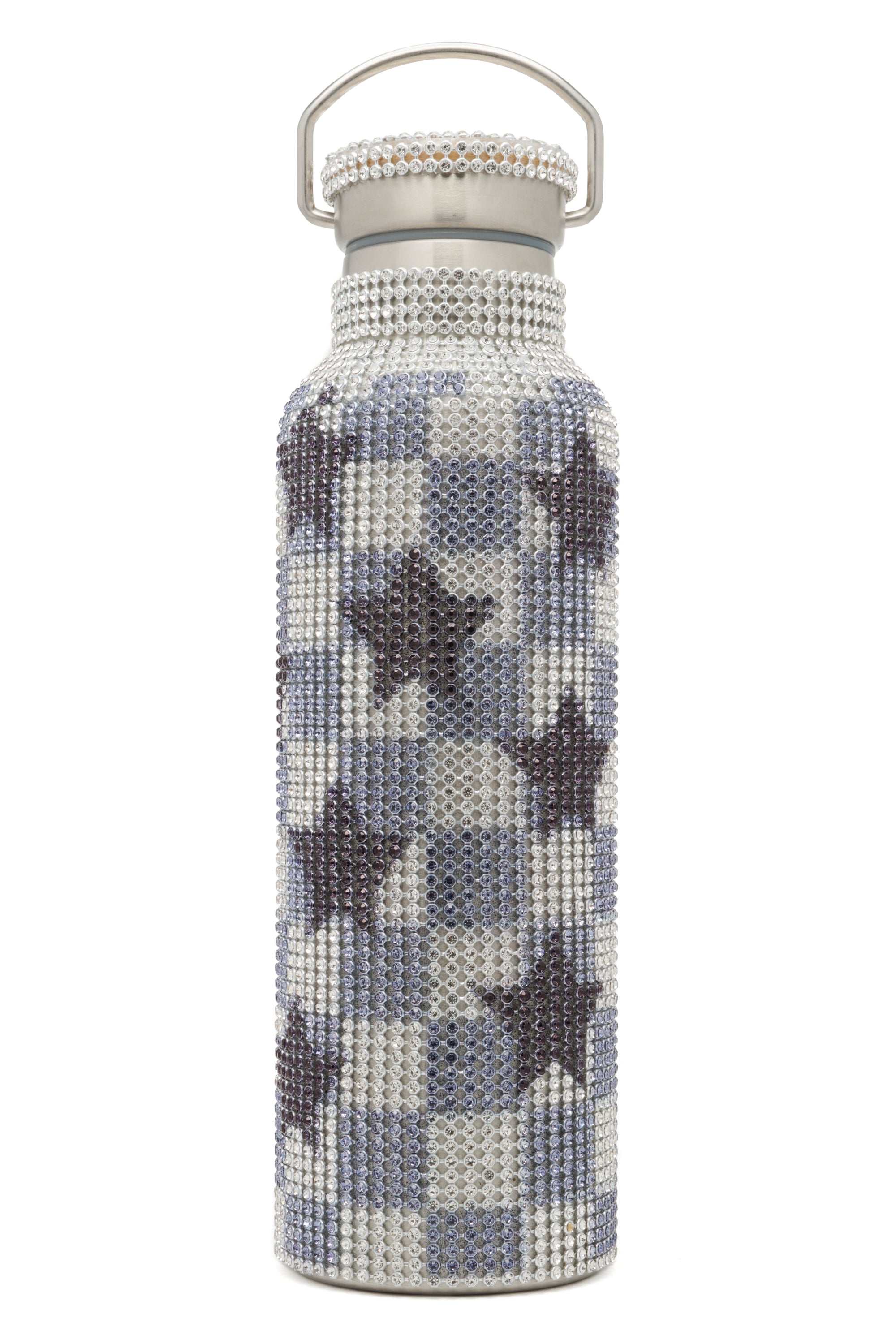 Rhinestone mesh-covered steel water bottle with star pattern and silver top on a white background