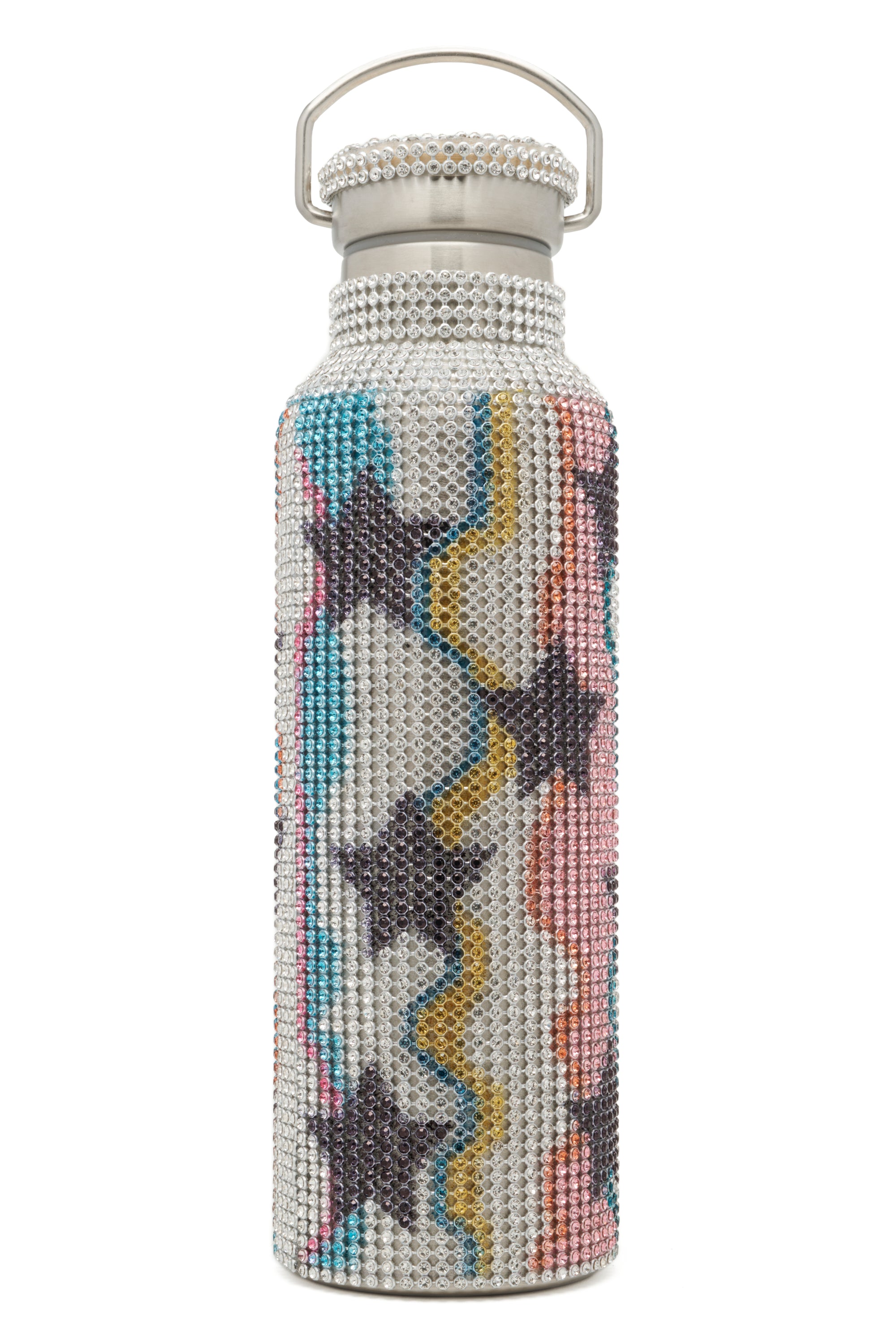 Rhinestone covered steel water bottle with star pattern and metallic handle on a white background