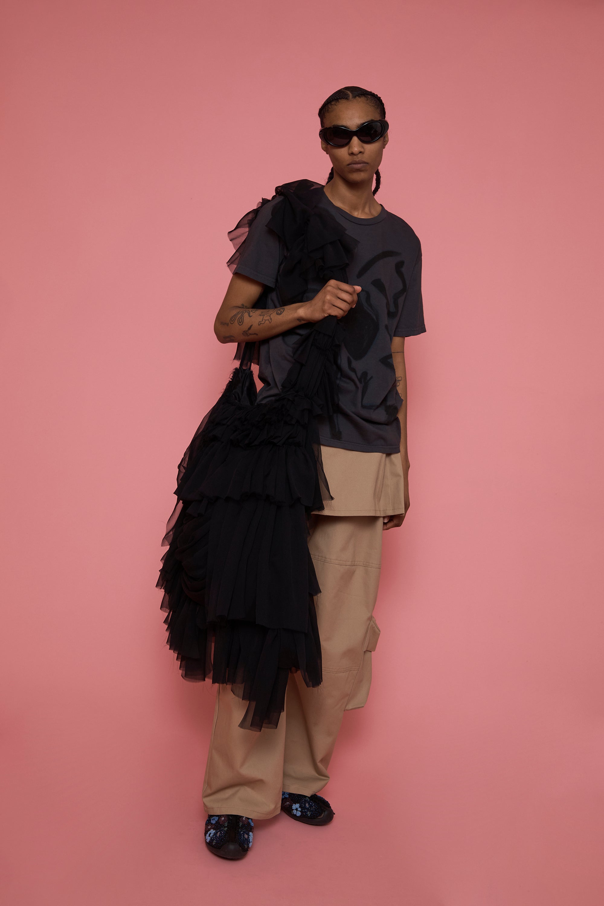 Silk ruffle draped cloud bag to dress up any outfit.