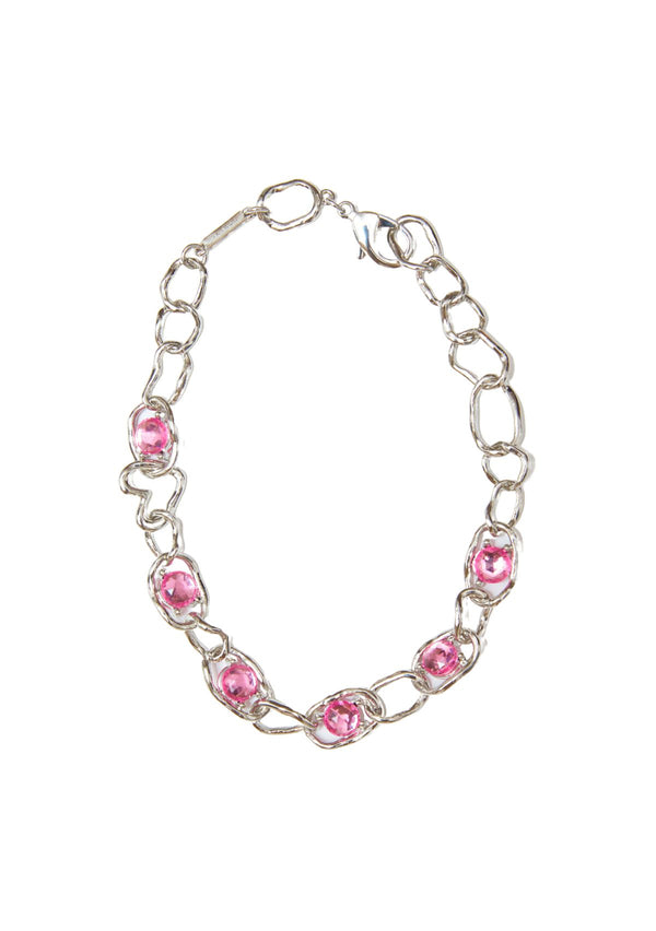 SILVER PINK GEMSTONE CRUSHED CHAIN NECKLACE