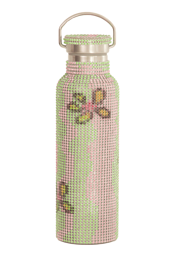 LIME WAVY FLOWER RHINESTONE WATER BOTTLE