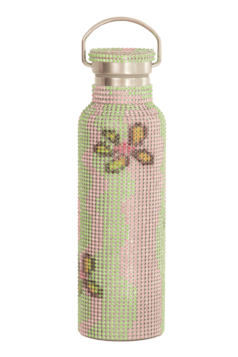 LIME WAVY FLOWER RHINESTONE WATER BOTTLE