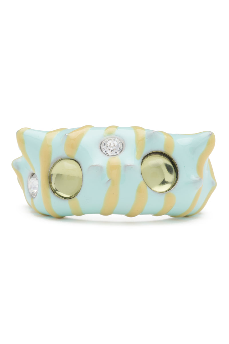 Spiky ring with crystals and cabochons. Hand enameled stripes.
