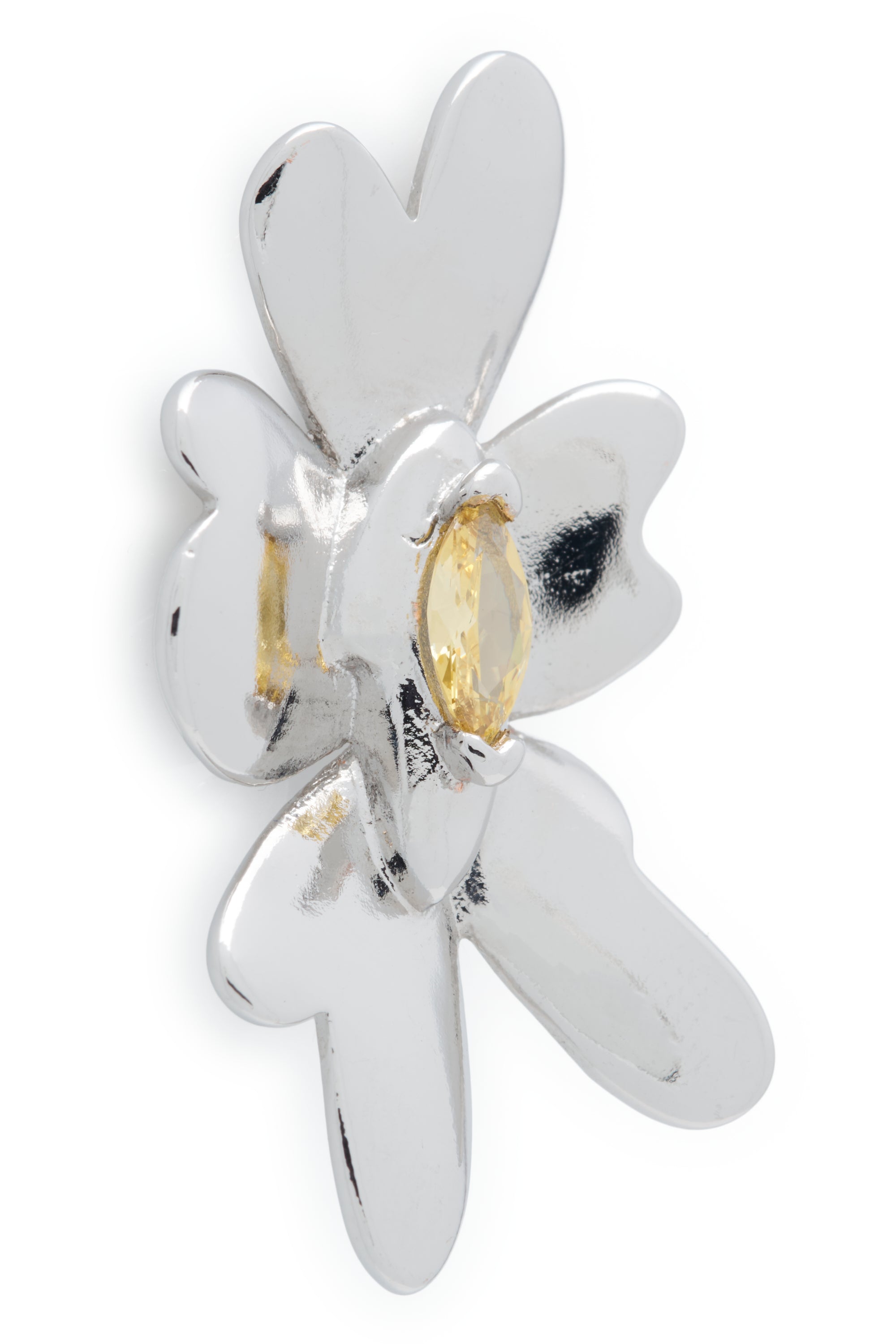 Sterling silver oversized daisy earrings with extra large lemon rhinestone center. Stud back. Mismatched pair.