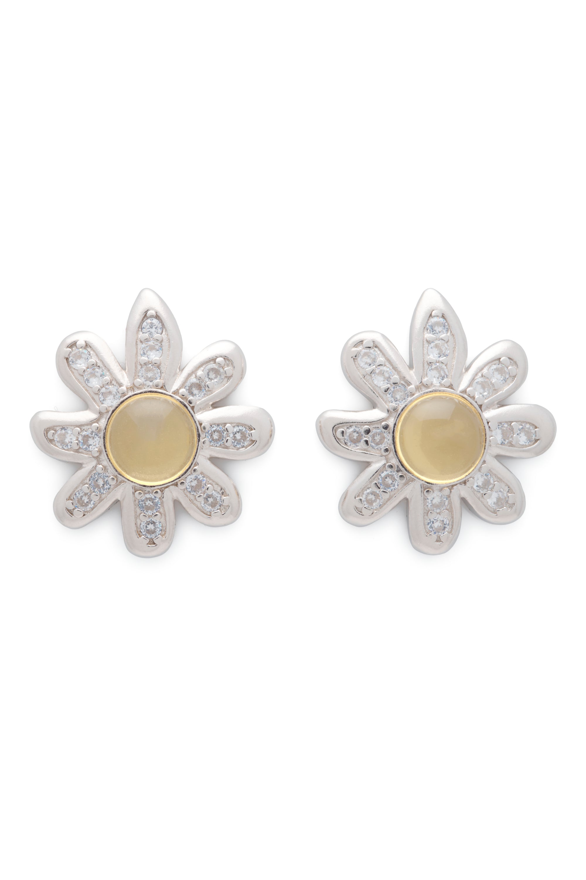 Sterling silver camomile earrings with large lemon rhinestone center. Stud back.
