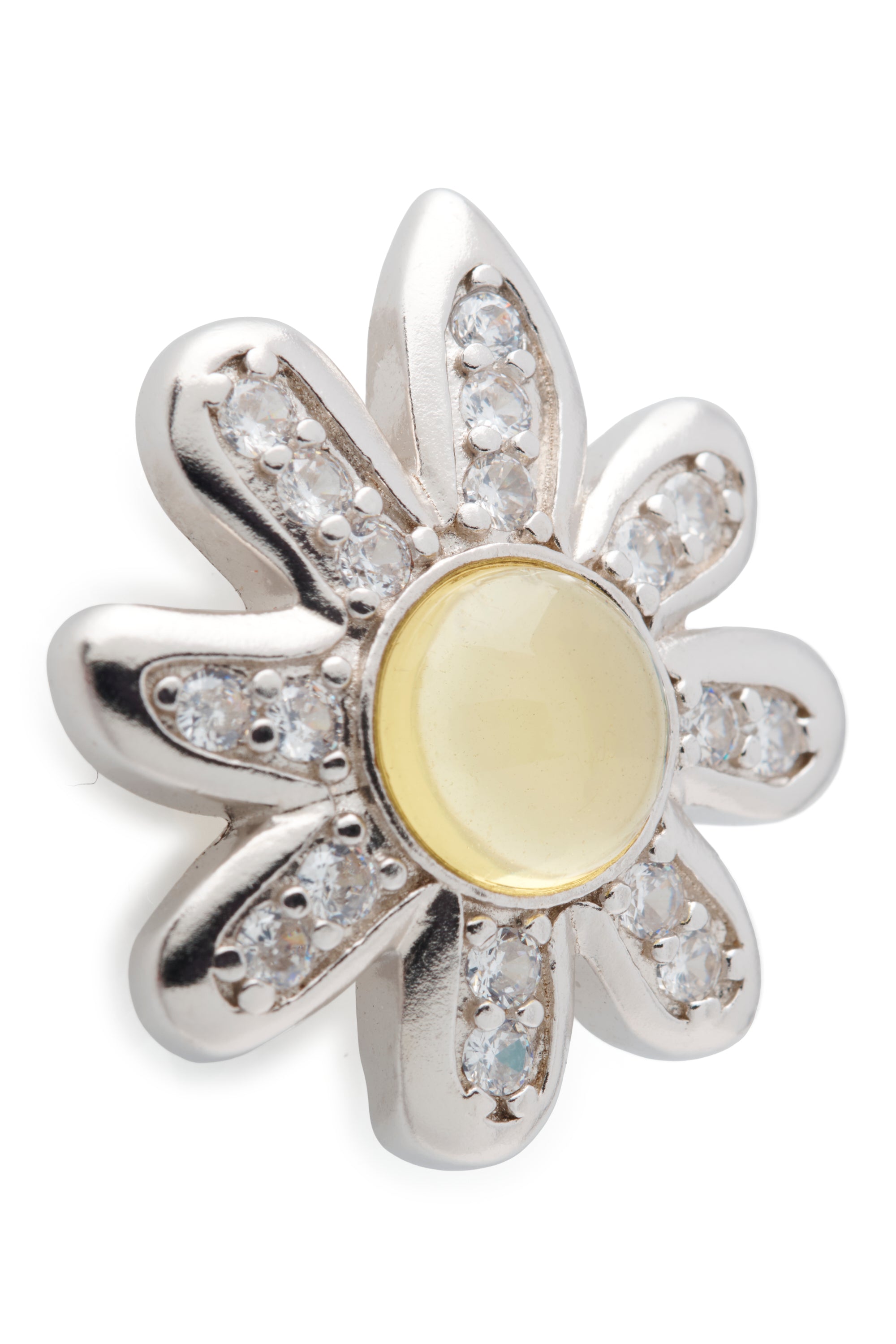 Sterling silver camomile earrings with large lemon rhinestone center. Stud back.