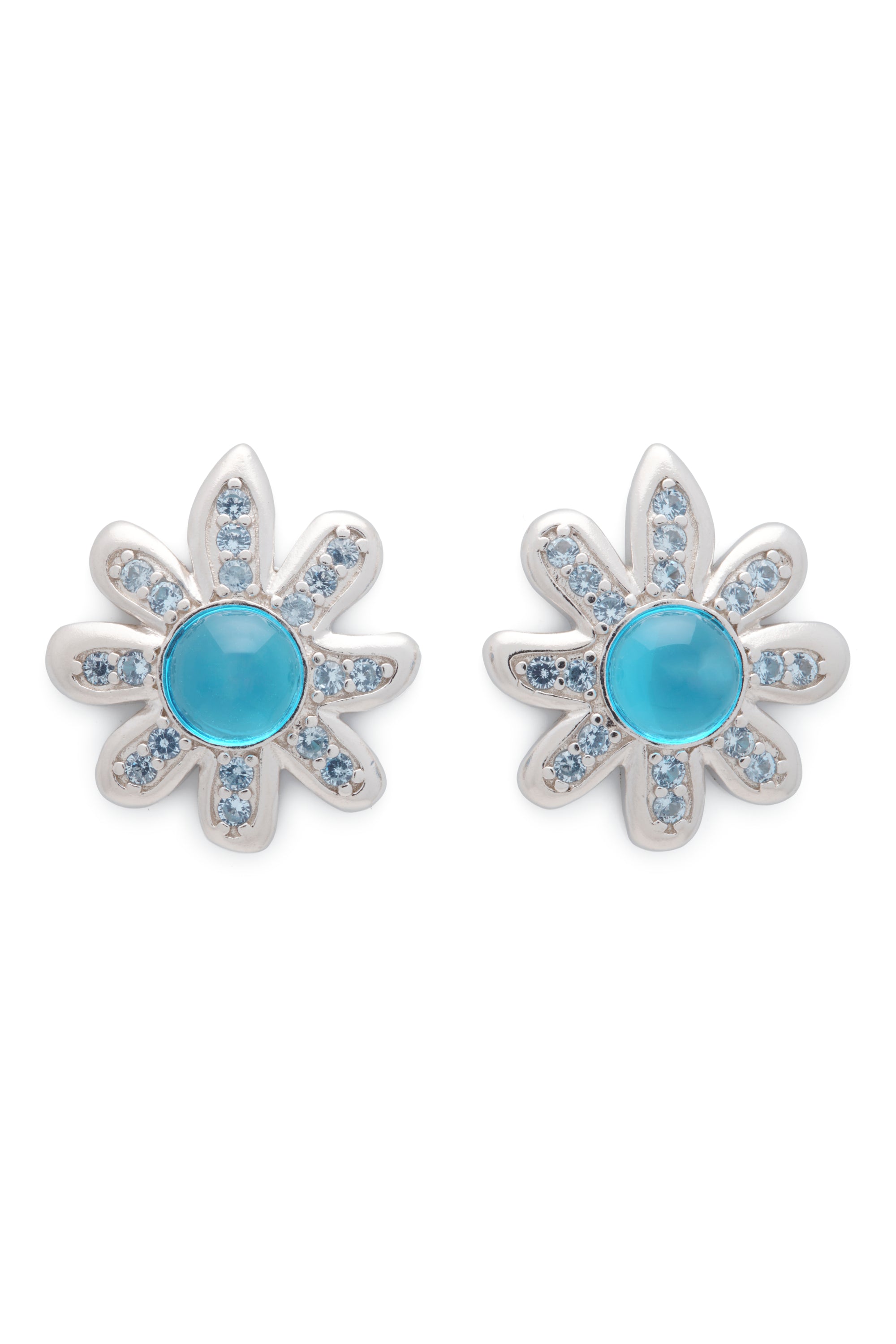 Sterling silver camomile earrings with large sapphire rhinestone center. Stud back.