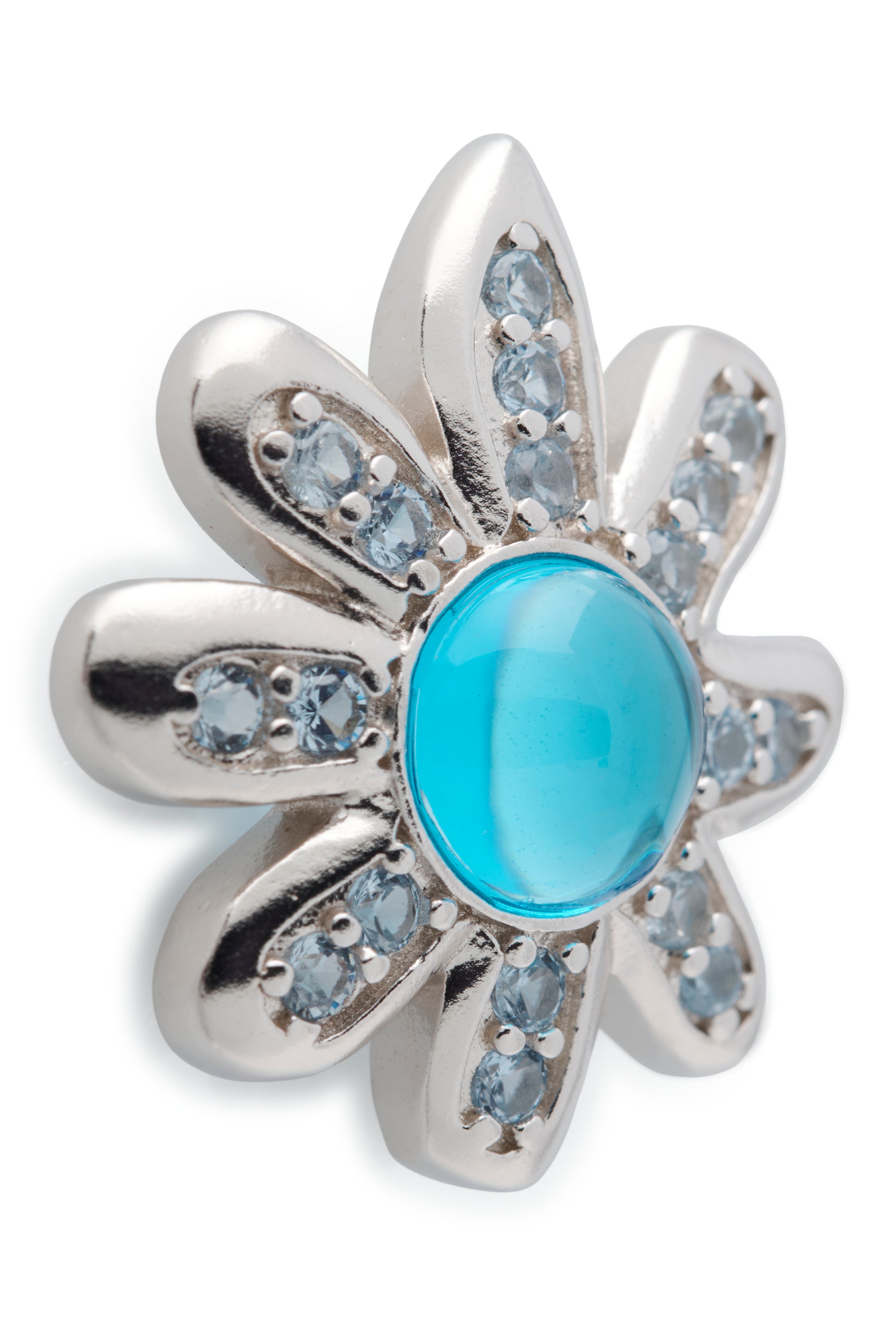 Sterling silver camomile earrings with large sapphire rhinestone center. Stud back.