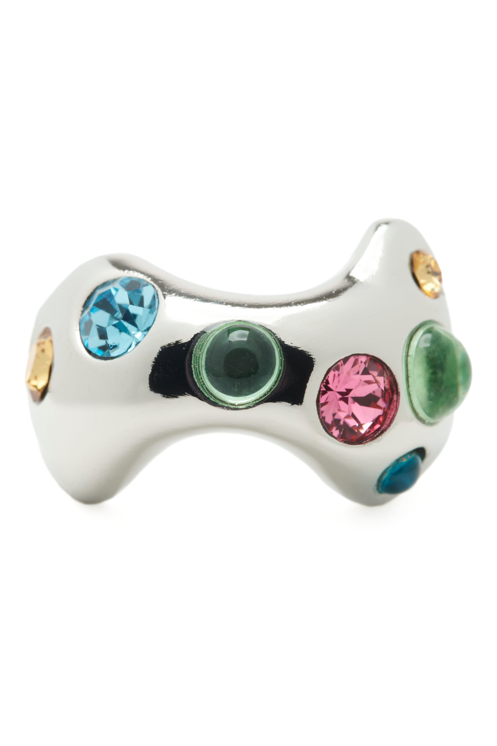 Undulating silver ring with colorful gemstones on a white background