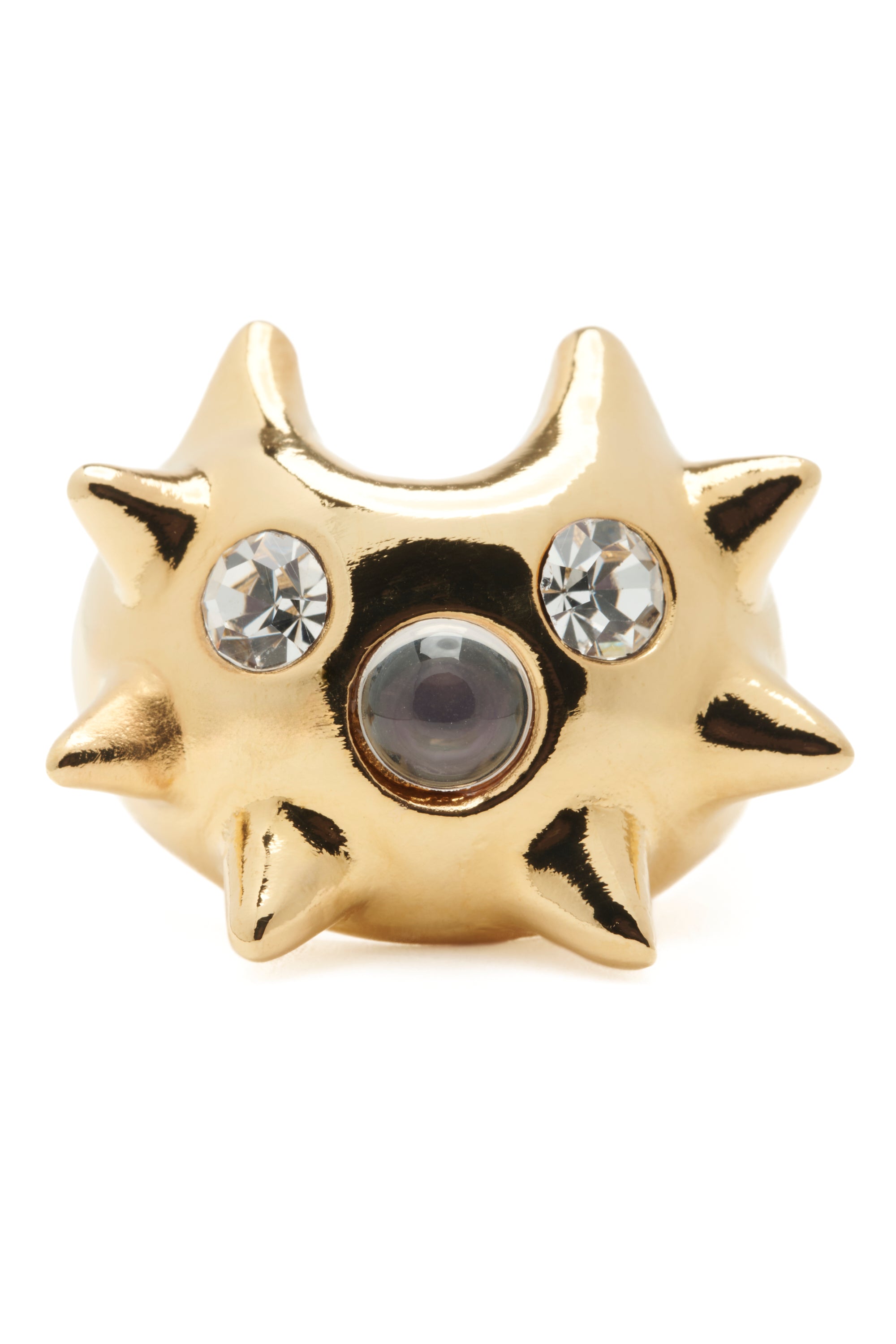 Gold spiked ring with embedded crystals on a white background