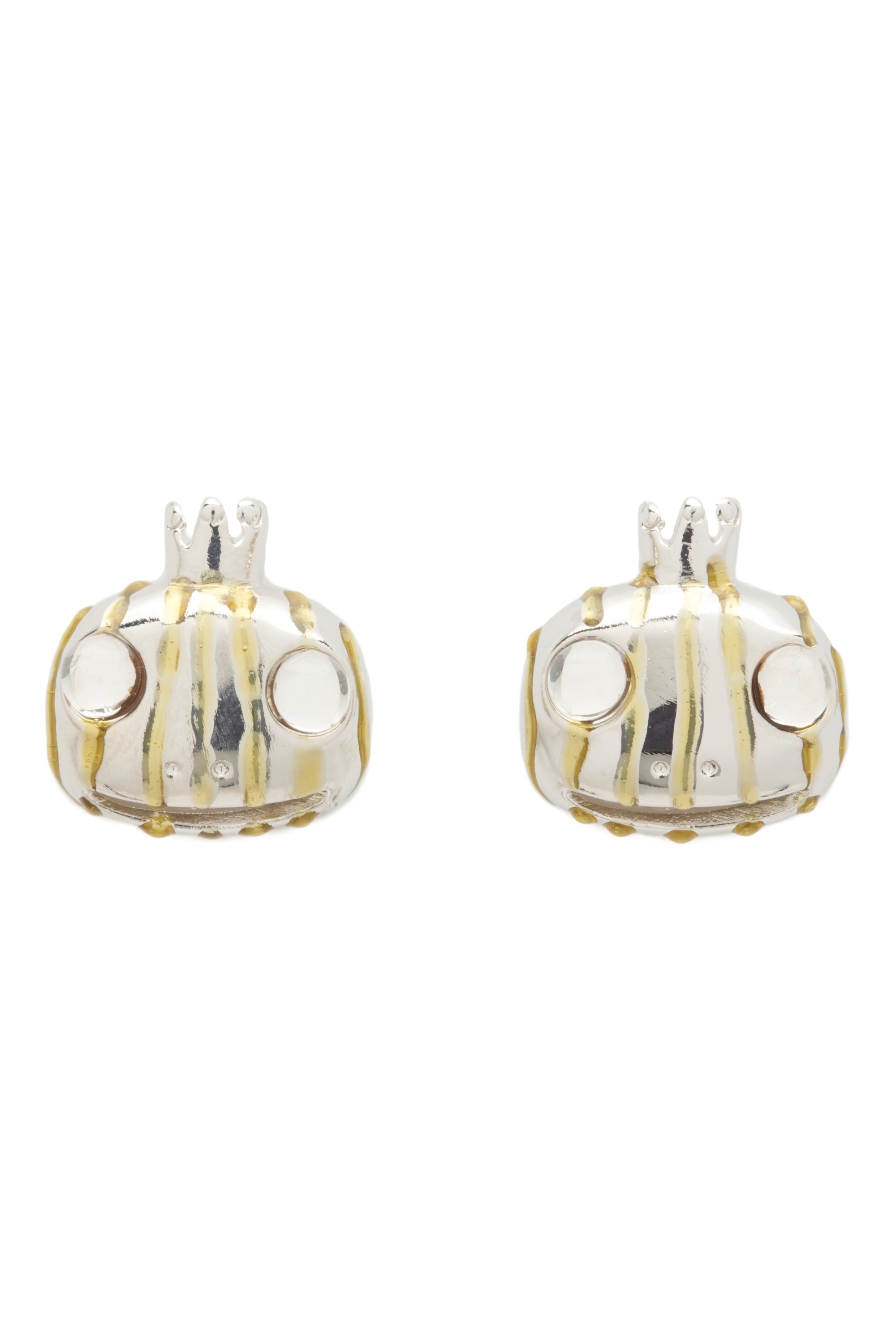 Pair of silver and gold striped earrings shaped like a frog head wearing a crown on a white background