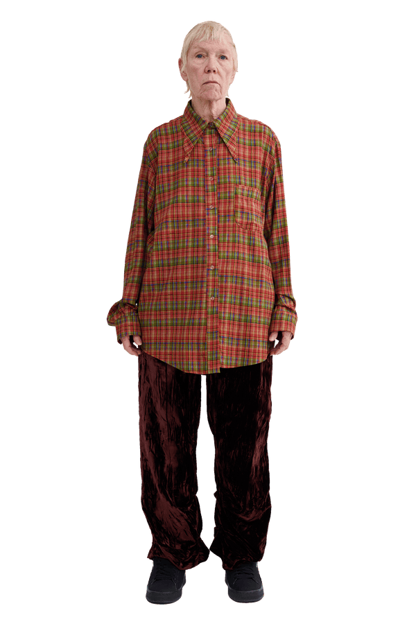 RED PLAID BAT BUTTON UP