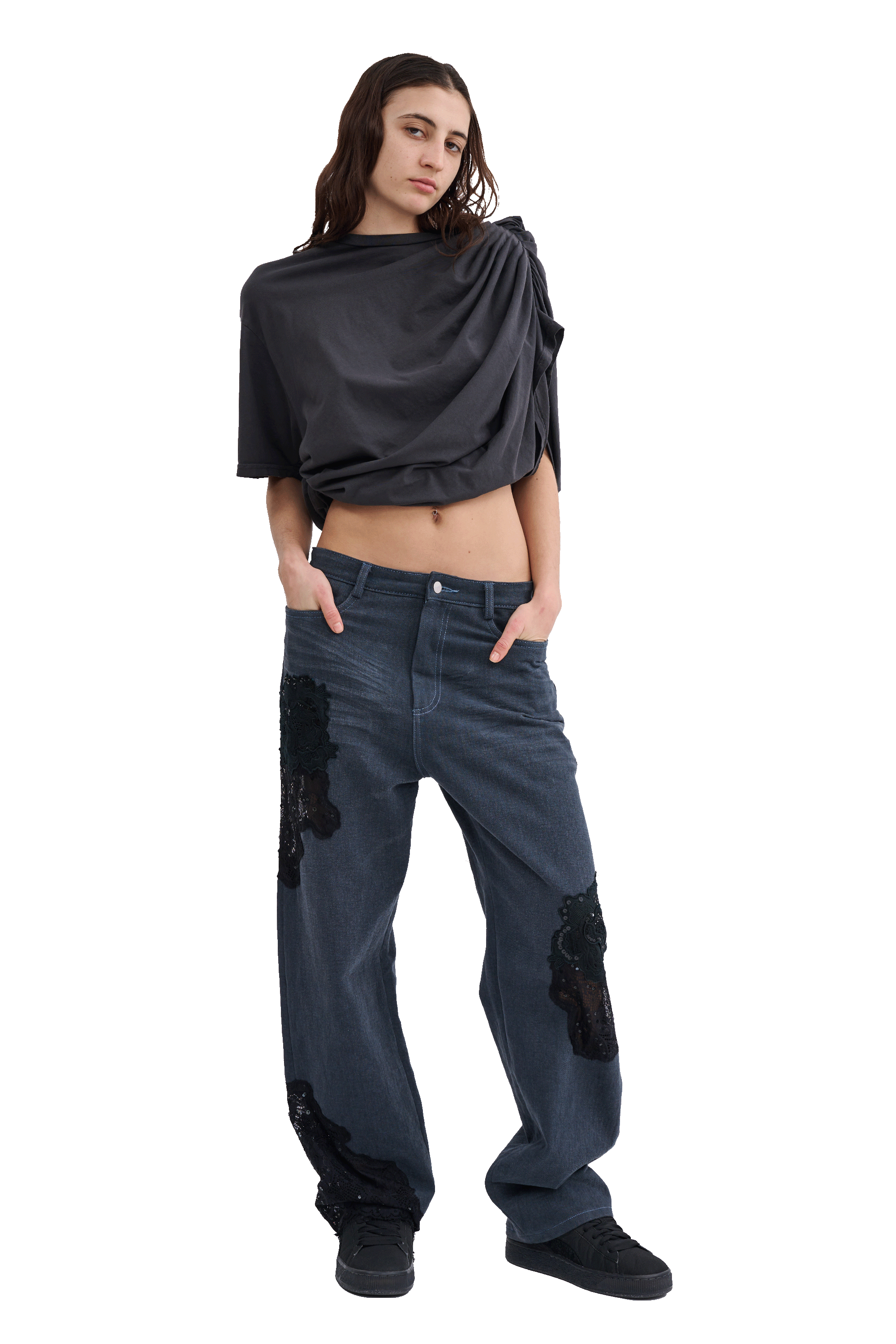 WORN BLACK EVA DRAPED TEE