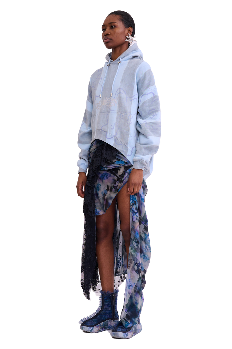 STORM BLUE FLOWER STRIPE WAVE HEM HOODIE 