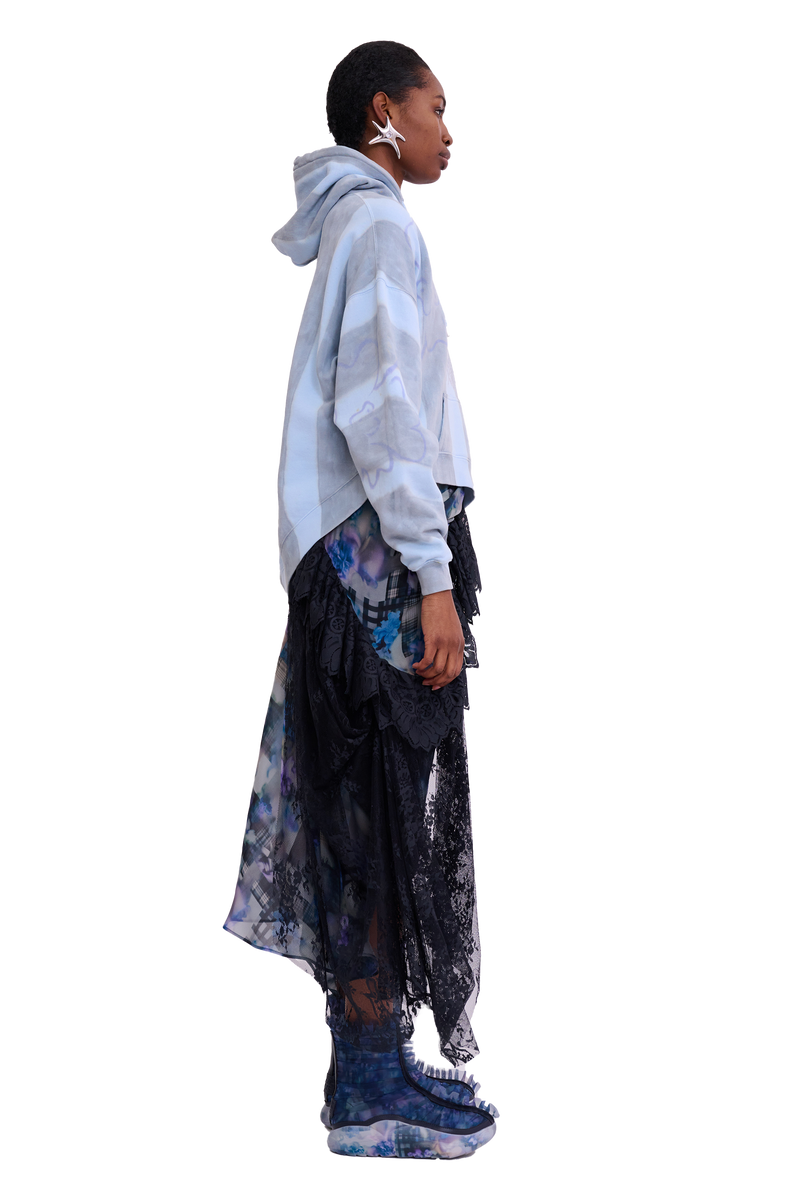 STORM BLUE FLOWER STRIPE WAVE HEM HOODIE 