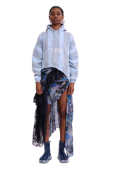 STORM BLUE FLOWER STRIPE WAVE HEM HOODIE 