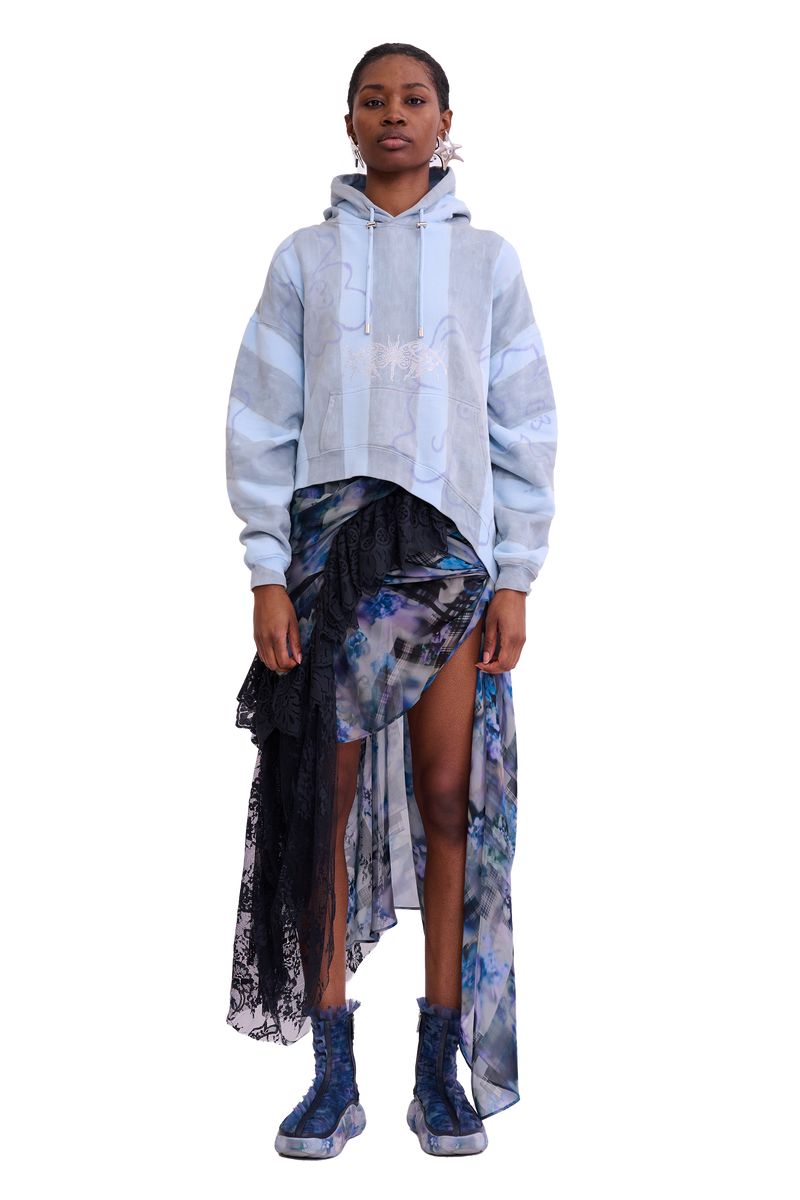 STORM BLUE FLOWER STRIPE WAVE HEM HOODIE 