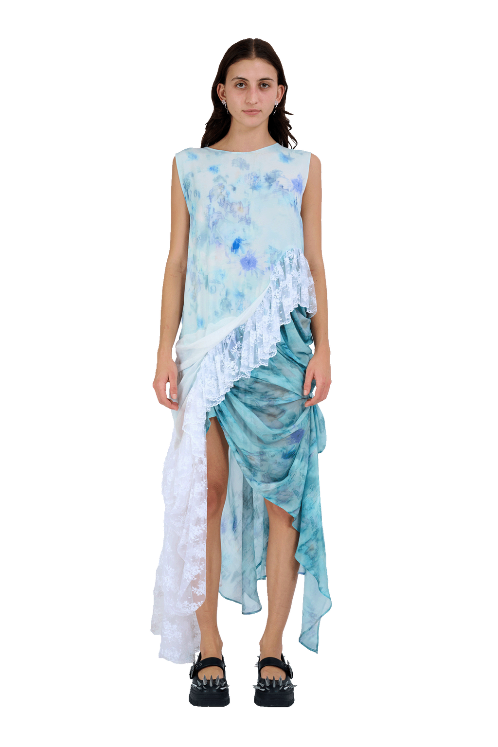 Nila Pink Porcelain Print Cowl-Neck Midi Dress With Plisse