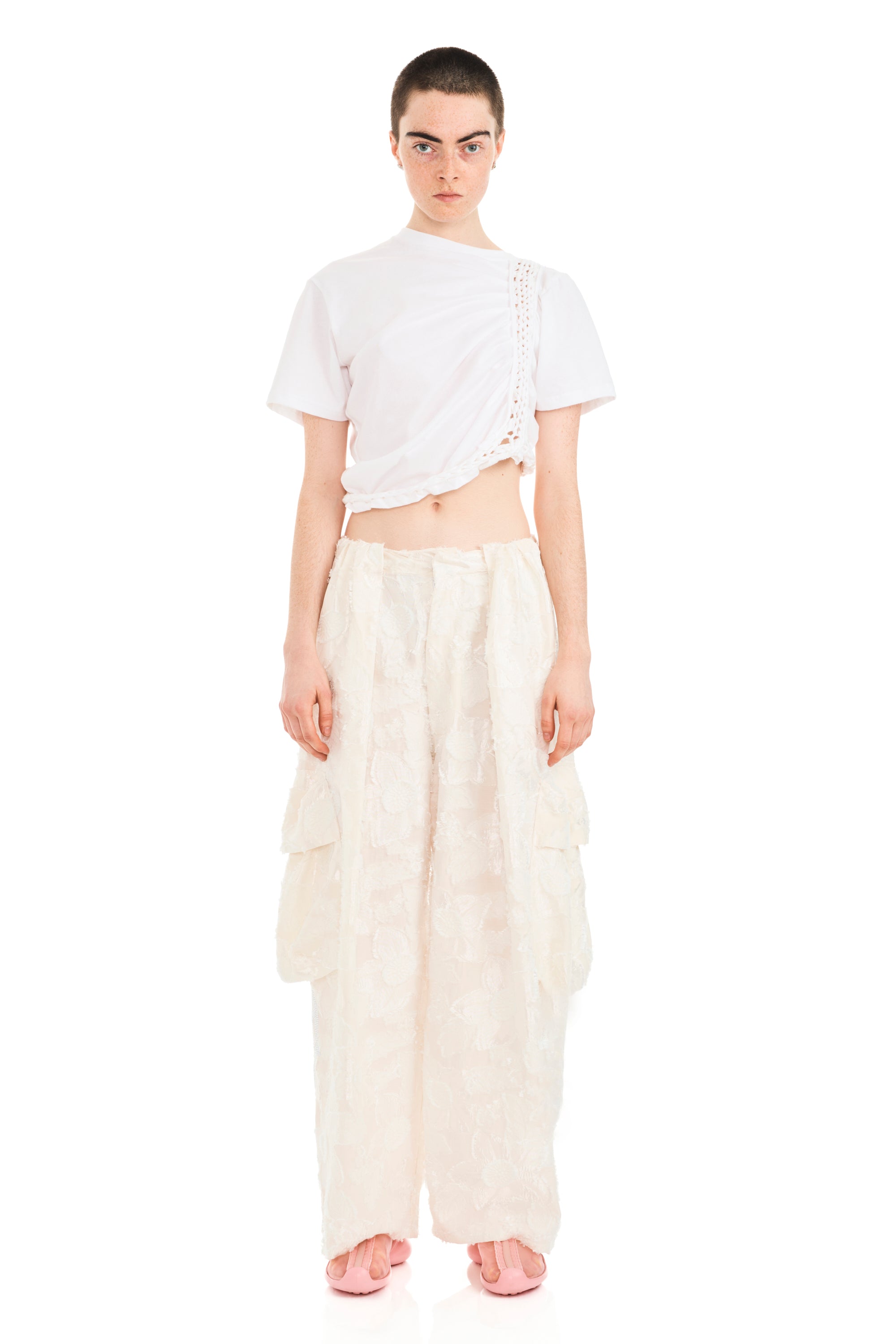 WHITE JACQUARD PLEATED CARGO PANT