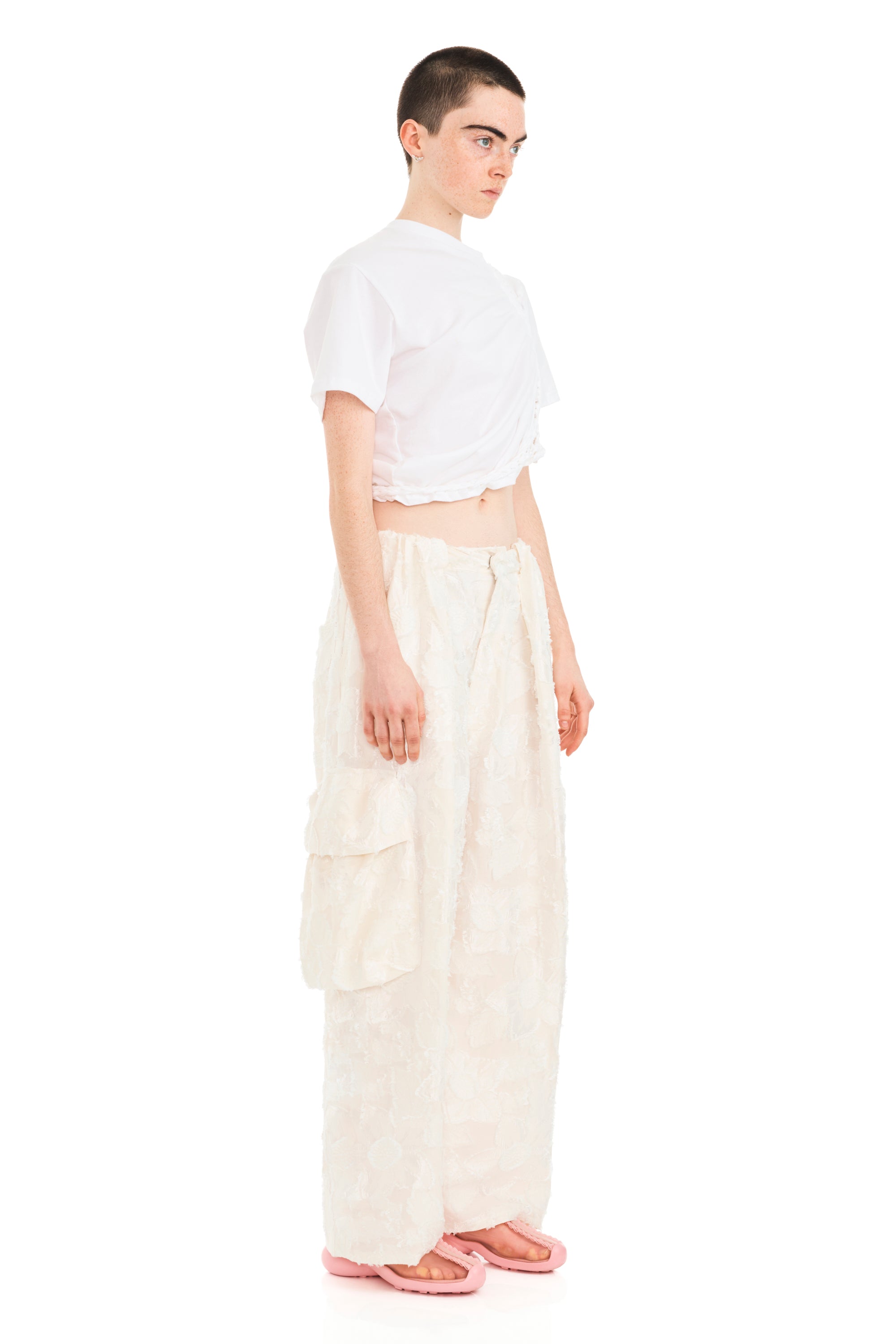 WHITE JACQUARD PLEATED CARGO PANT