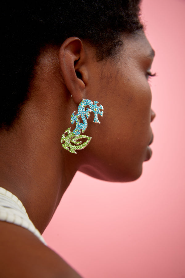 RHINESTONE TATTOO DRAGON EARRING BLUE GREEN