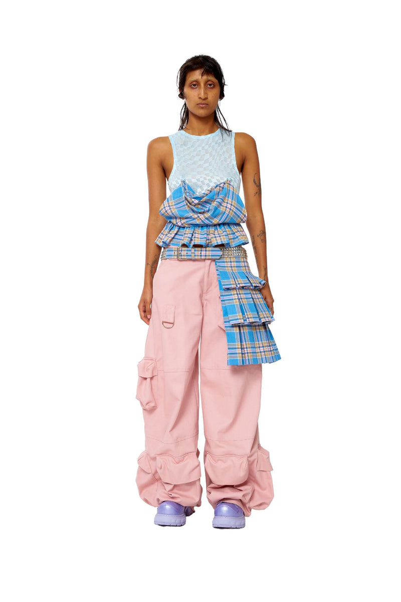 MYRAH Pleated Belt Skirt SKY PLAID