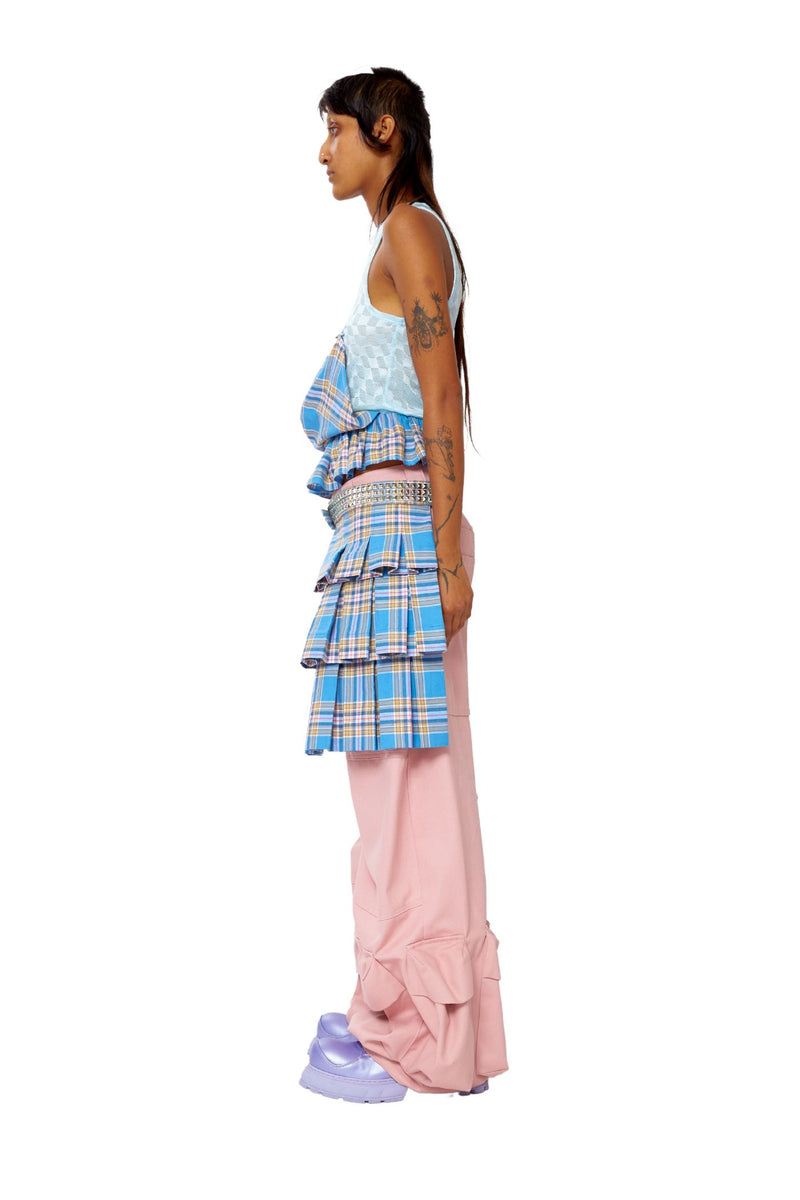 MYRAH Pleated Belt Skirt SKY PLAID
