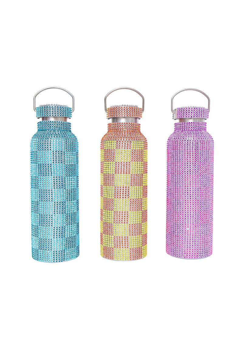 RHINESTONE WATER BOTTLE ORANGE AND YELLOW CHECK