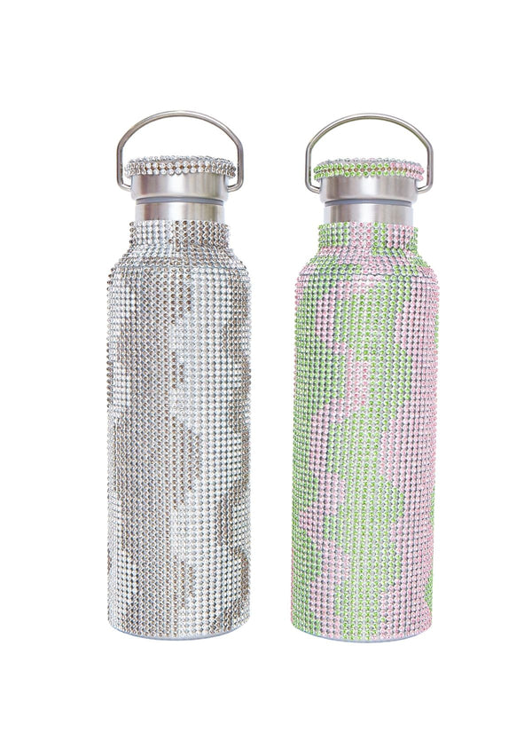 RHINESTONE WATER BOTTLE BLACK AND SILVER SQUIGGLE