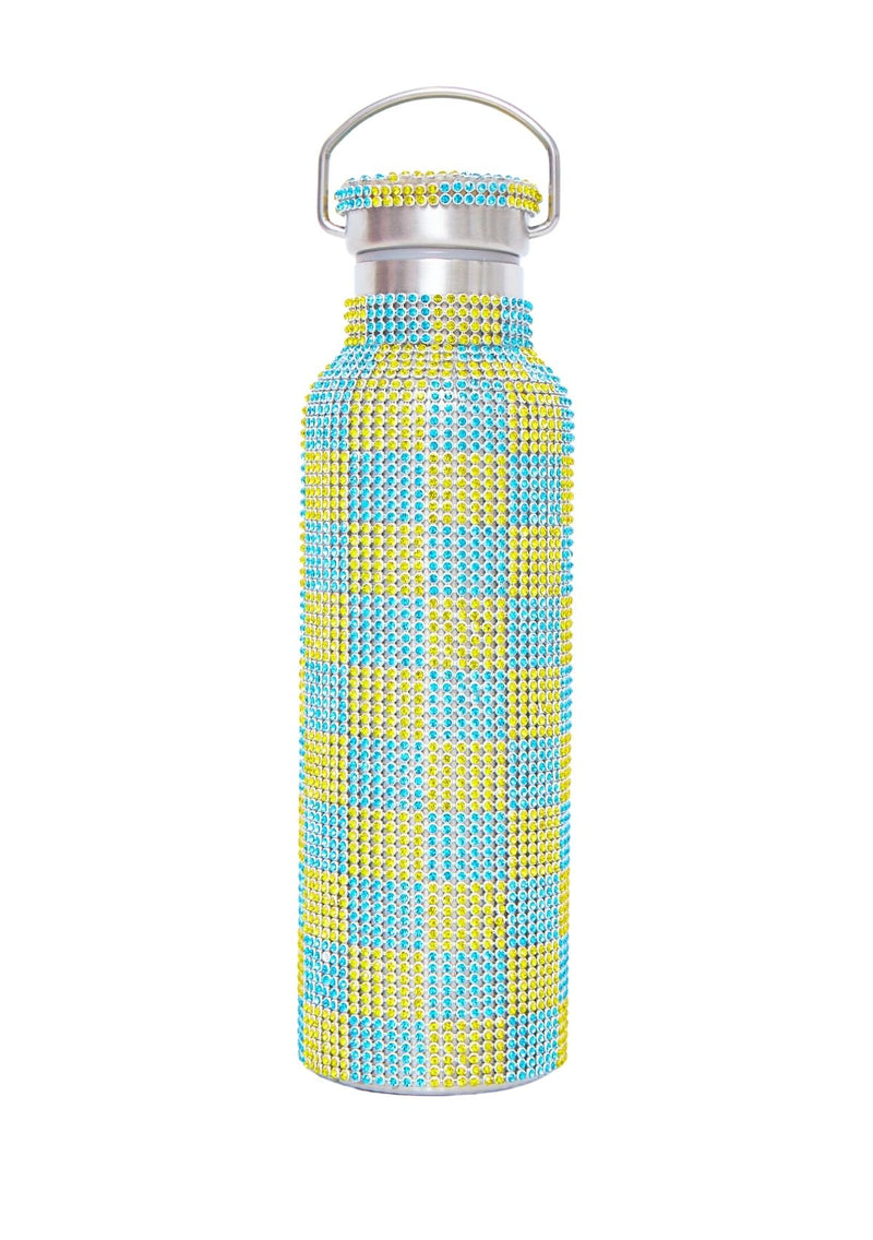 RHINESTONE WATER BOTTLE YELLOW AND TURQUOISE CHECK